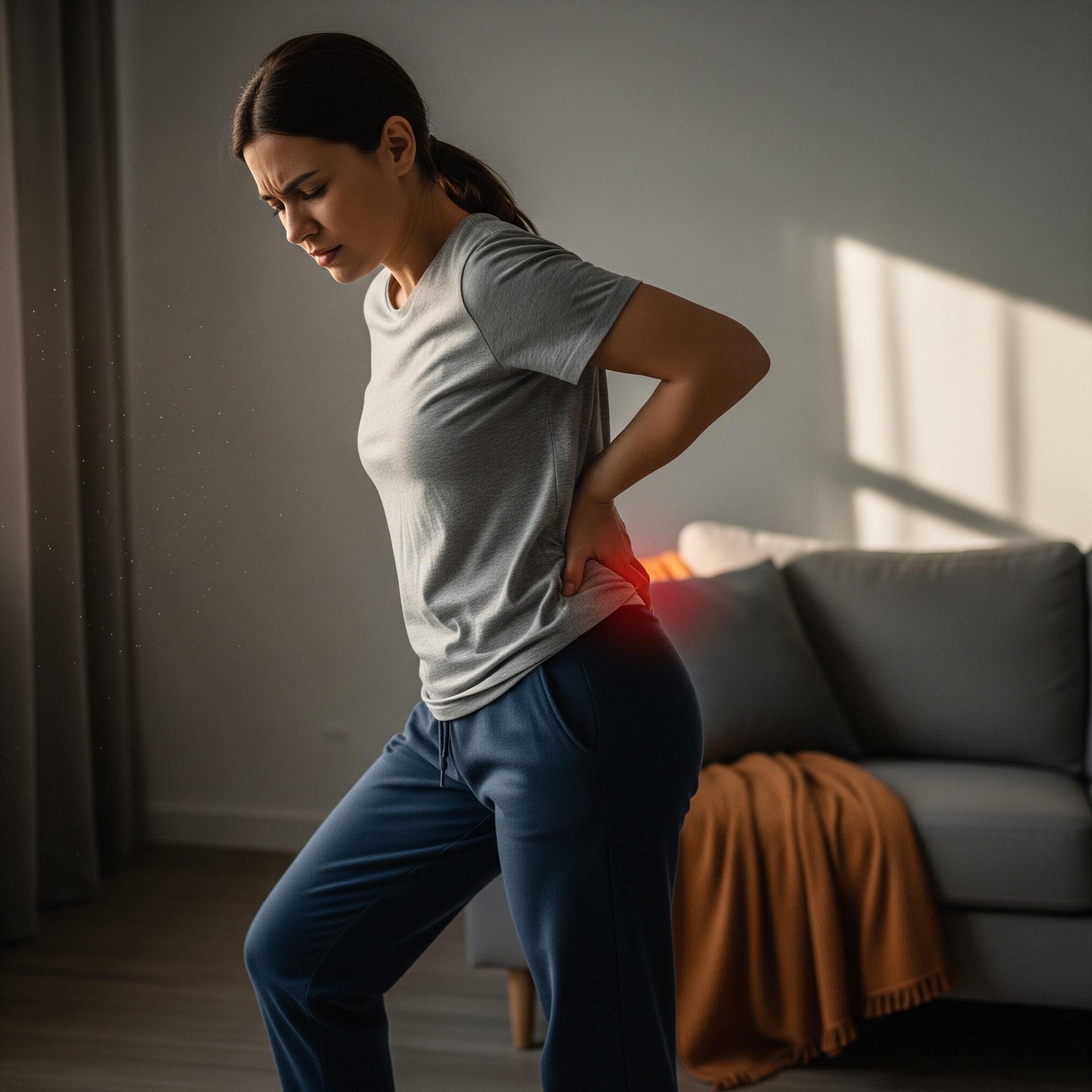 A woman in a gray t-shirt and blue pants stands in a room, holding her lower back with a pained expression. Sunlight filters through a window, casting shadows on a gray sofa with an orange blanket.