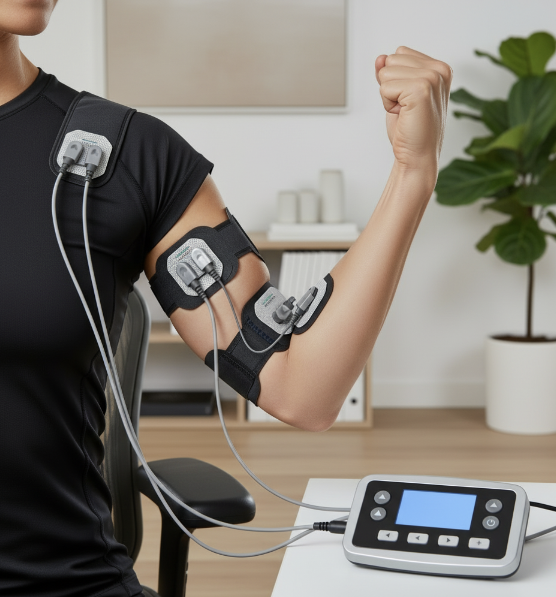 A person in a black shirt sits in an office setting, flexing their arm with electrodes attached to their upper arm and shoulder. The electrodes are connected to a control device with a blue screen and several buttons, placed on a table. A potted plant is visible in the background.