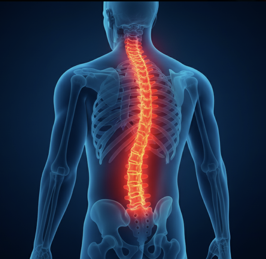 A digital illustration of a human skeleton from the back, highlighting the spine in bright red to indicate focus or pain, set against a dark blue background.