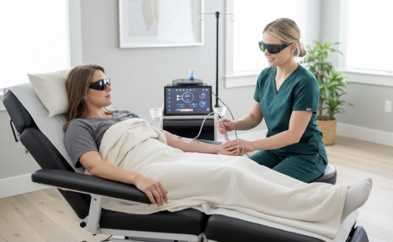 A woman in a gray shirt lies comfortably on a reclining chair, covered with a white blanket, while receiving a treatment from a healthcare professional in green scrubs. Both are wearing protective eyewear, and a medical device with a digital screen is visible in the background, suggesting a clinical setting.