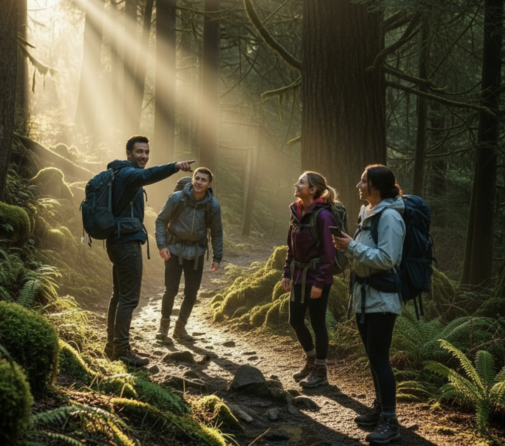 Four hikers with backpacks stand on a forest trail, illuminated by sunbeams filtering through the trees. One person points ahead, engaging the group in conversation, while the lush greenery and moss-covered ground create a serene atmosphere.