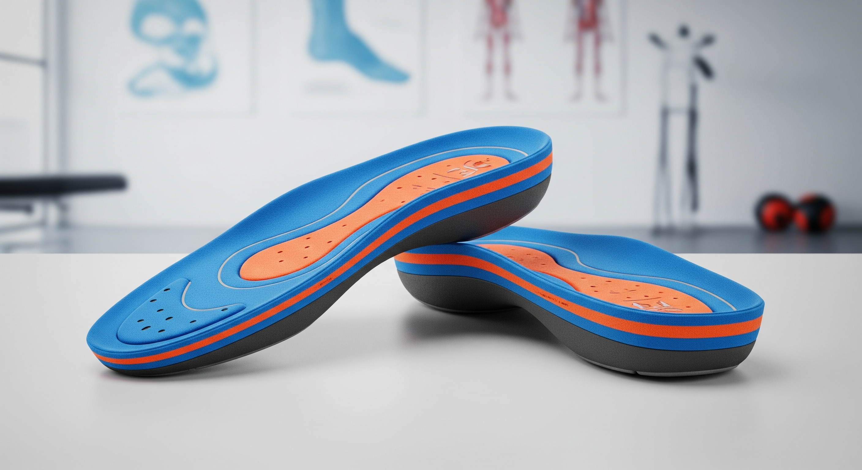 A pair of vibrant blue and orange insoles with gray accents are displayed on a white surface, featuring perforated designs for breathability. In the blurred background, exercise equipment and anatomical posters suggest a gym or fitness setting.