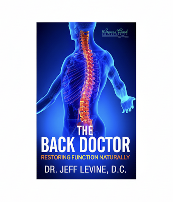 The cover of "The Back Doctor" by Dr. Jeff Levine, D.C., features a blue silhouette of a human body with an orange-highlighted spine, set against a dark blue background. The title and author's name are prominently displayed in bold white and yellow text.