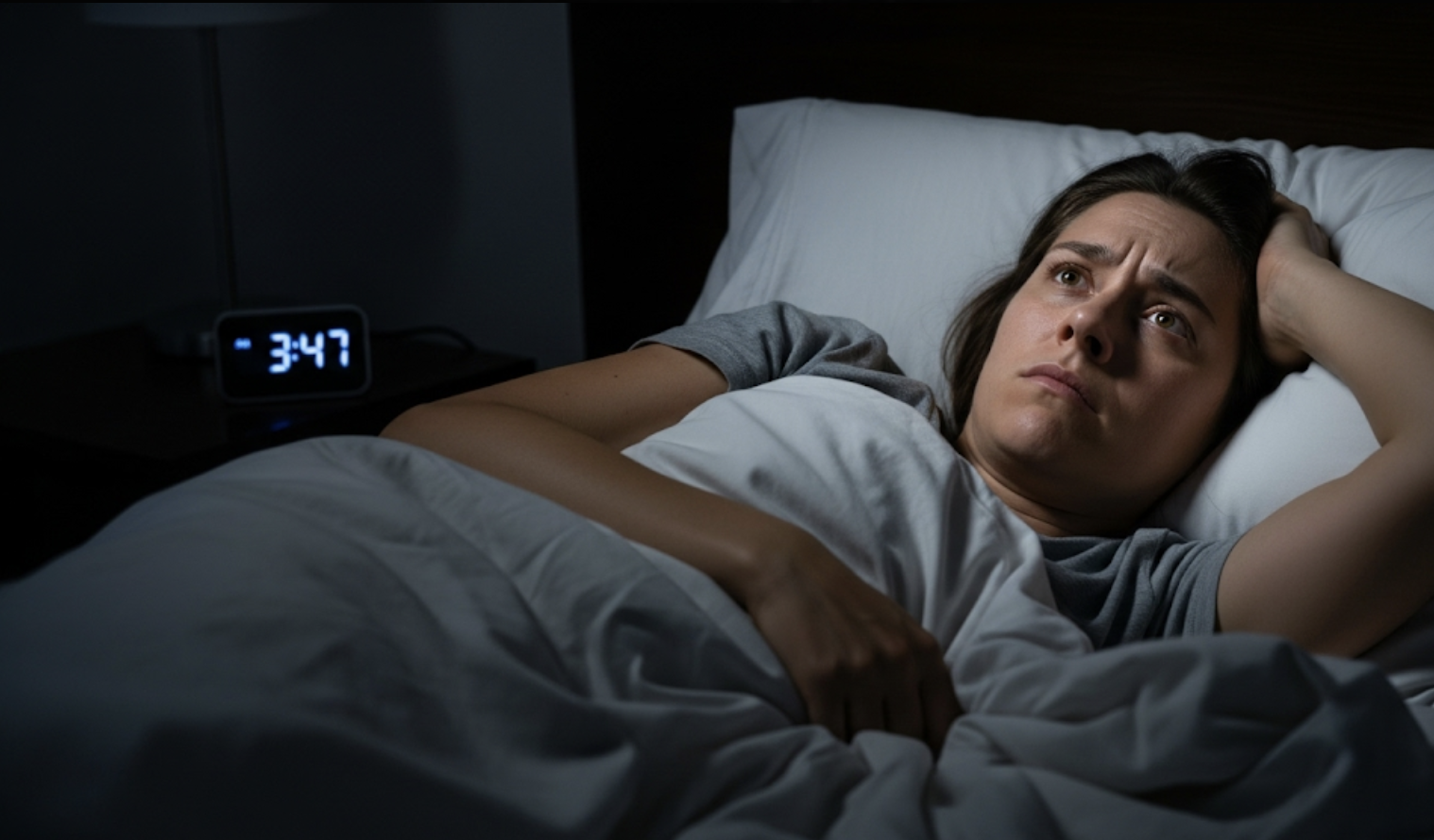A woman lies awake in bed, looking worried, with her head resting on one hand. The digital clock on the bedside table shows 3:47. The room is dimly lit, creating a nighttime ambiance.