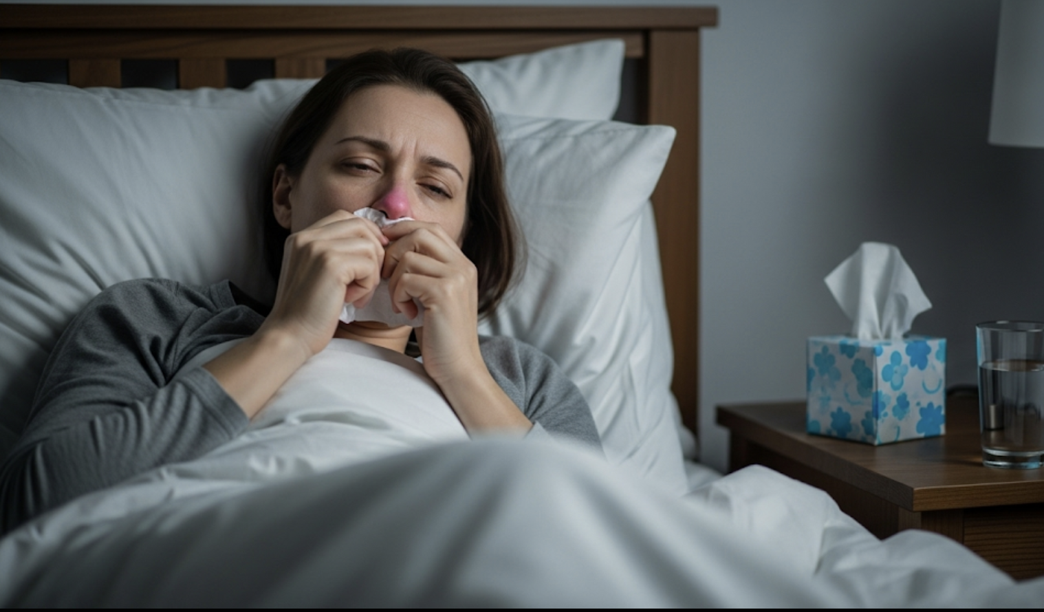 A woman lies in bed looking unwell, using a tissue to blow her nose. Her face appears tired, and the tip of her nose is red. Next to her on a wooden nightstand is a box of tissues with a blue floral pattern.