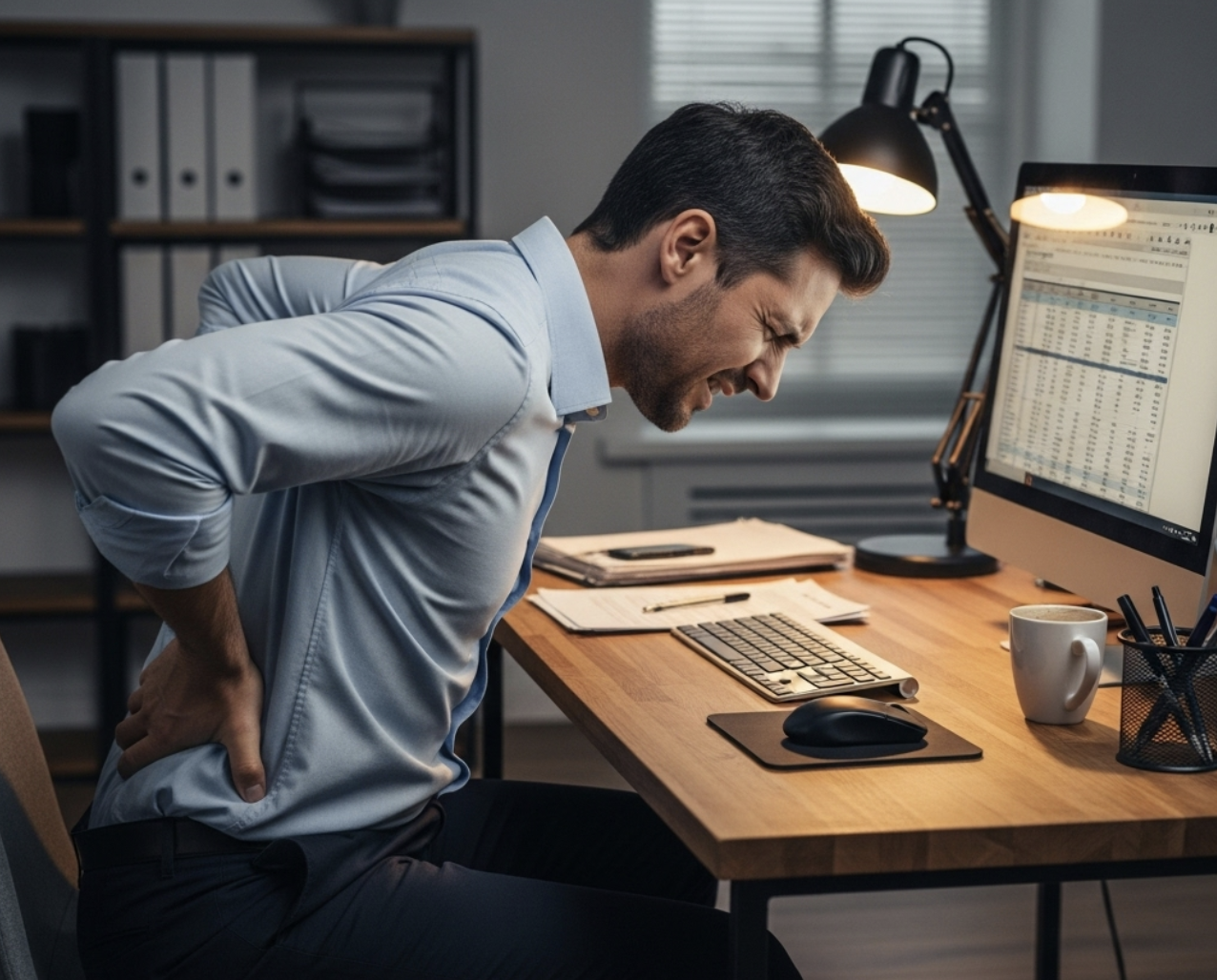 A man in a light blue shirt sits at a desk, grimacing in pain as he holds his lower back. On the desk, there's a computer displaying a spreadsheet, a keyboard, a mouse, and a white coffee mug. The setting appears to be an office with shelves and a lamp illuminating the workspace.