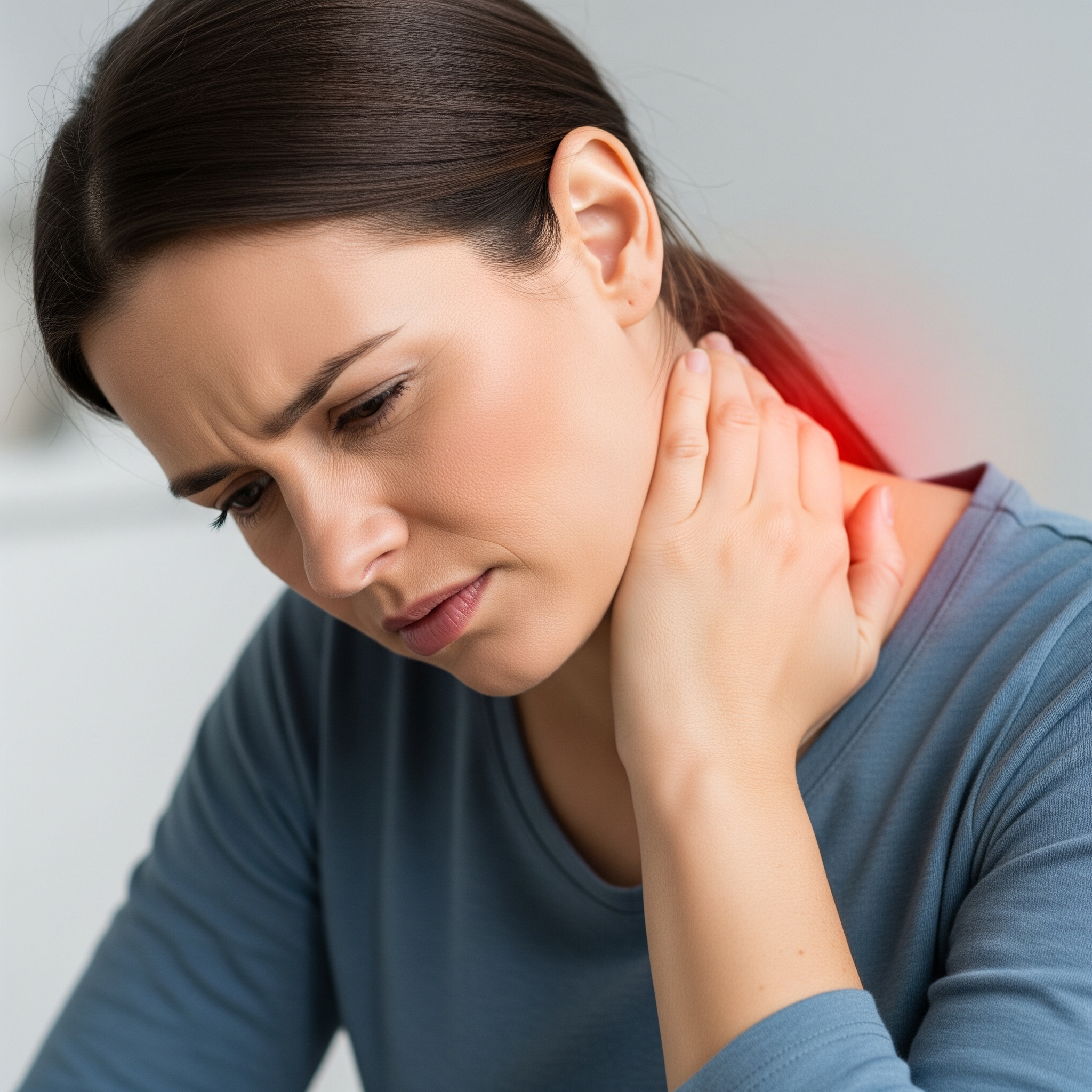 Image of a female holding her neck with a look of concern on their face. Her neck area has a glowing red aura around it. She is wearing a blue shirt. 