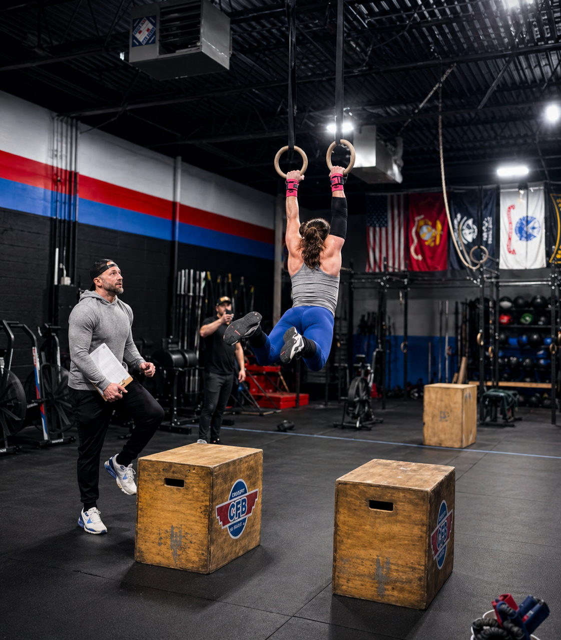 An athlete swings from gymnastics rings above two wooden plyo boxes in a gym while a coach holding a clipboard watches.