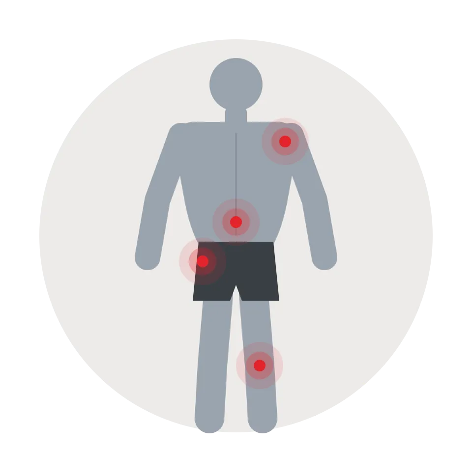 Illustration of an athlete seen from behind, with the shoulder, lower back, hip and knee marked.