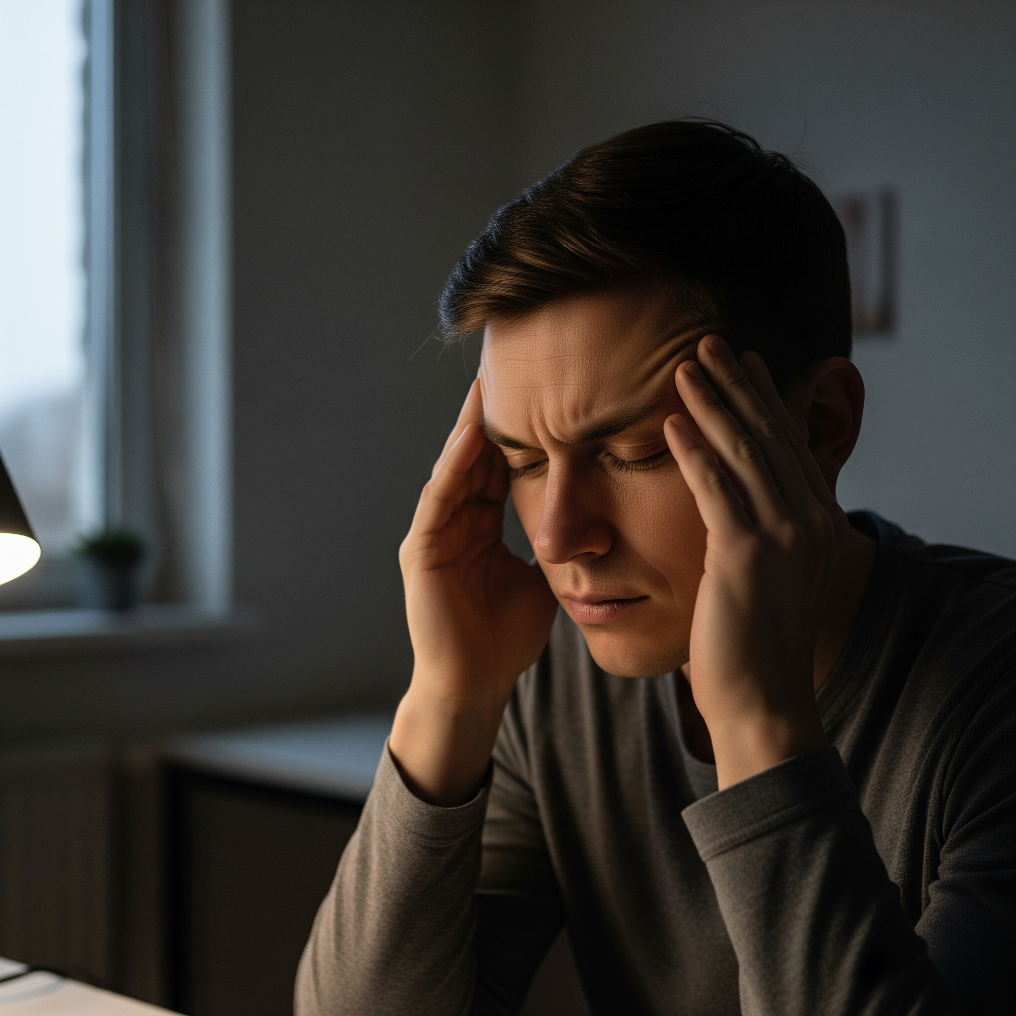 A man with a pained expression closes his eyes while pressing his fingertips to his temples, indicating a headache, in a lightly lit room.