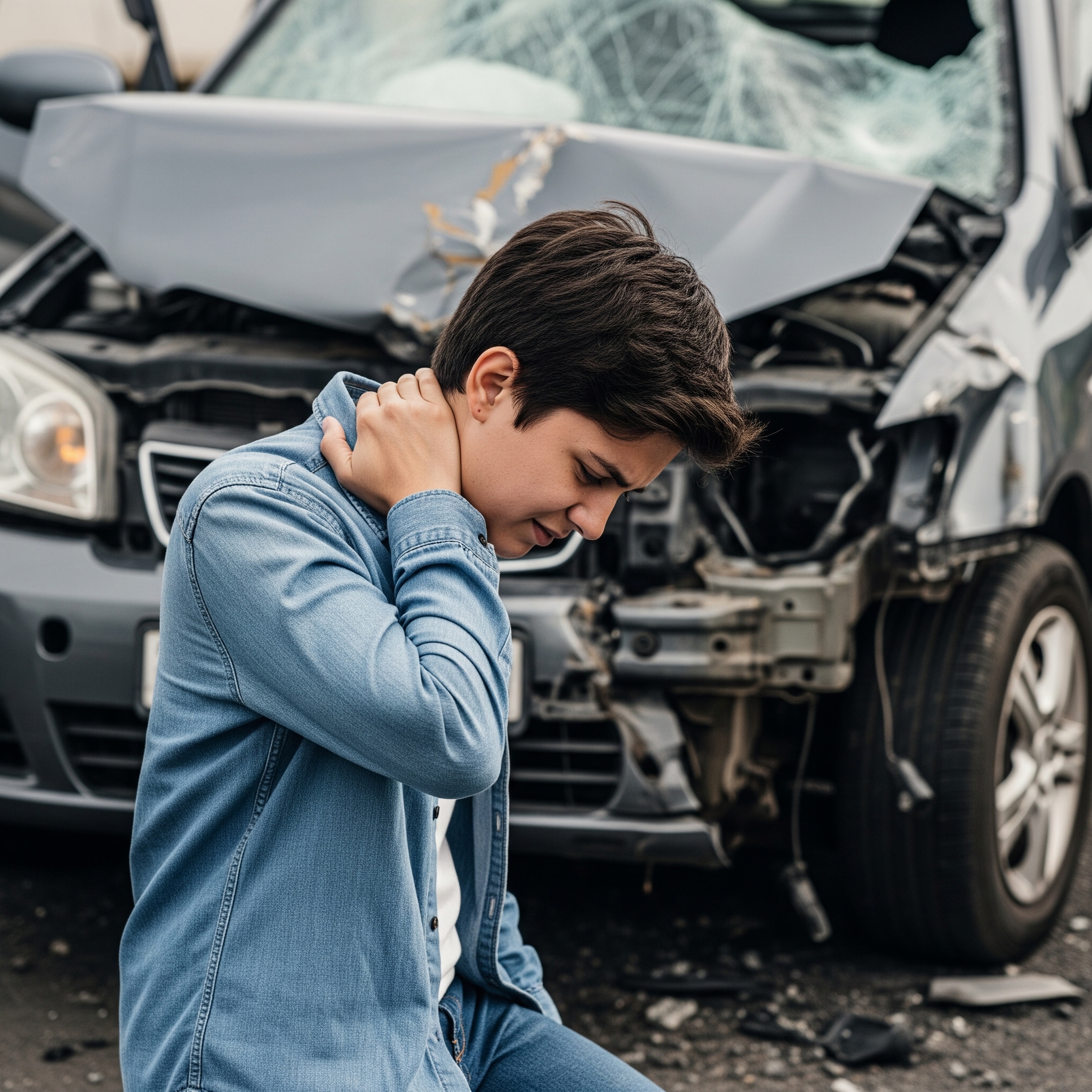 A male holding their neck and looking down in pain. Behind him is a wrecked vehicle. 