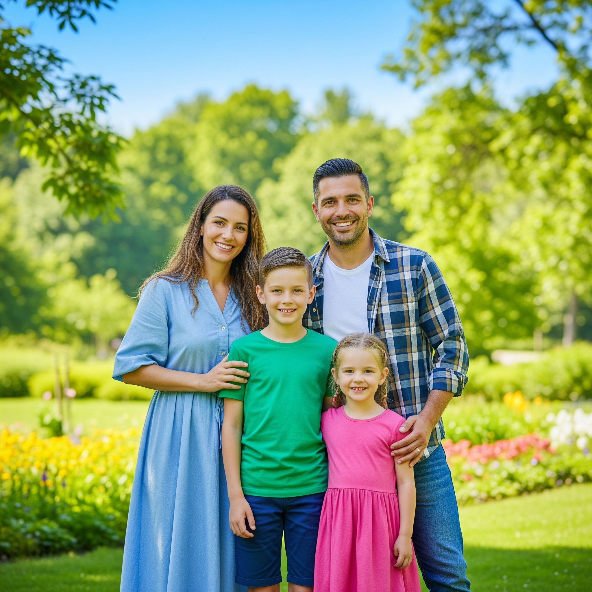A family of four poses together in a vibrant garden, with lush greenery and colorful flowers in the background. The mother wears a light blue dress, while the father sports a plaid shirt. Their son is dressed in a green shirt and blue shorts, and their daughter wears a pink dress. They all smile warmly at the camera.