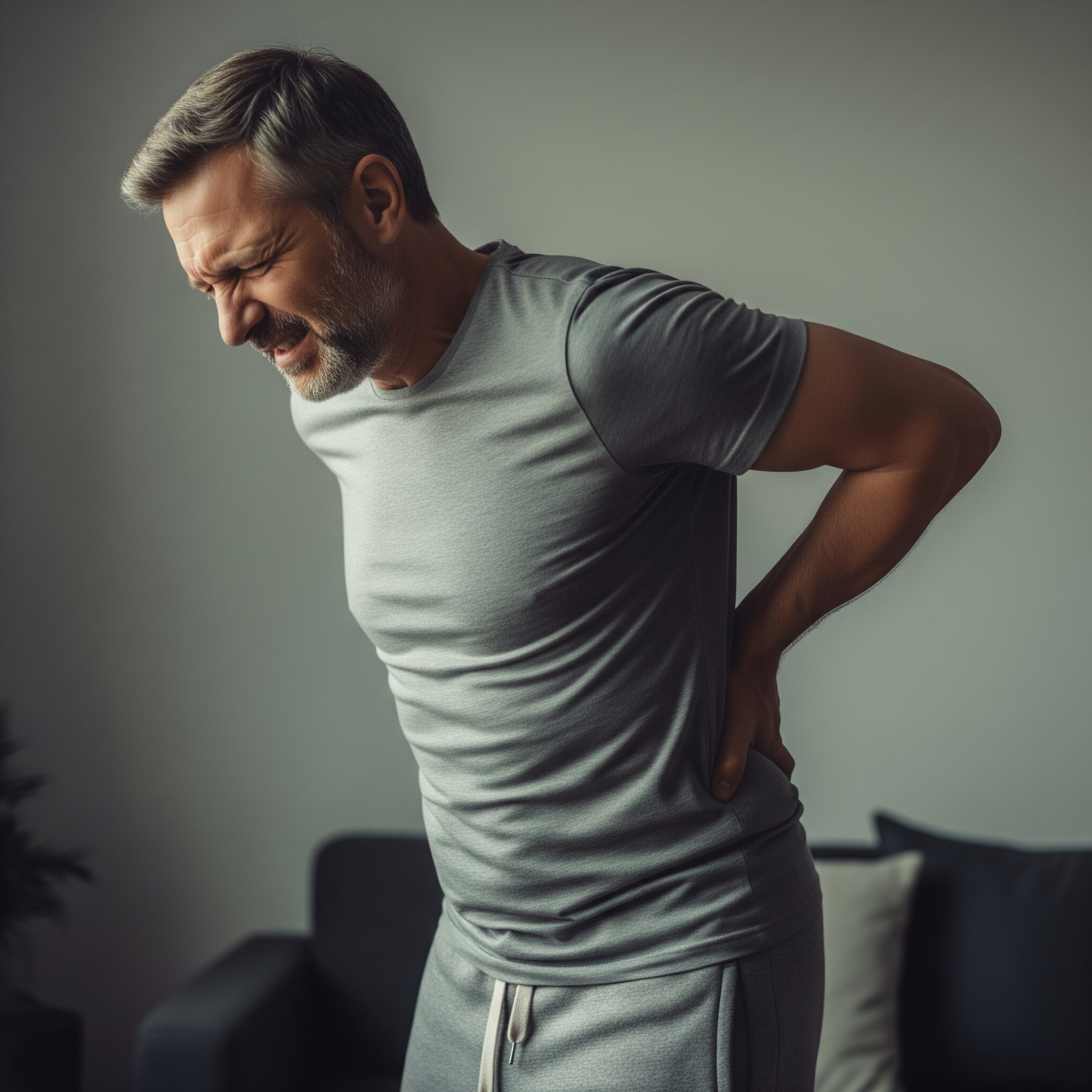 A man in a gray t-shirt and sweatpants clutches his lower back in pain, grimacing, while standing in a softly lit room with a sofa and cushions in the background.