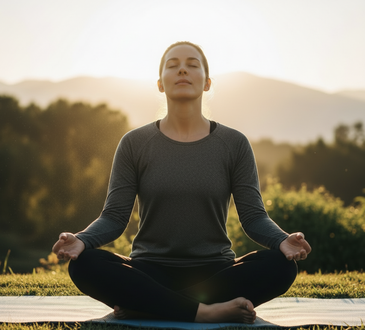A person is sitting cross-legged on a yoga mat outdoors, meditating with closed eyes and a serene expression. They are wearing a gray long-sleeve top and black pants, with sunlight softly illuminating the scene and trees in the background.