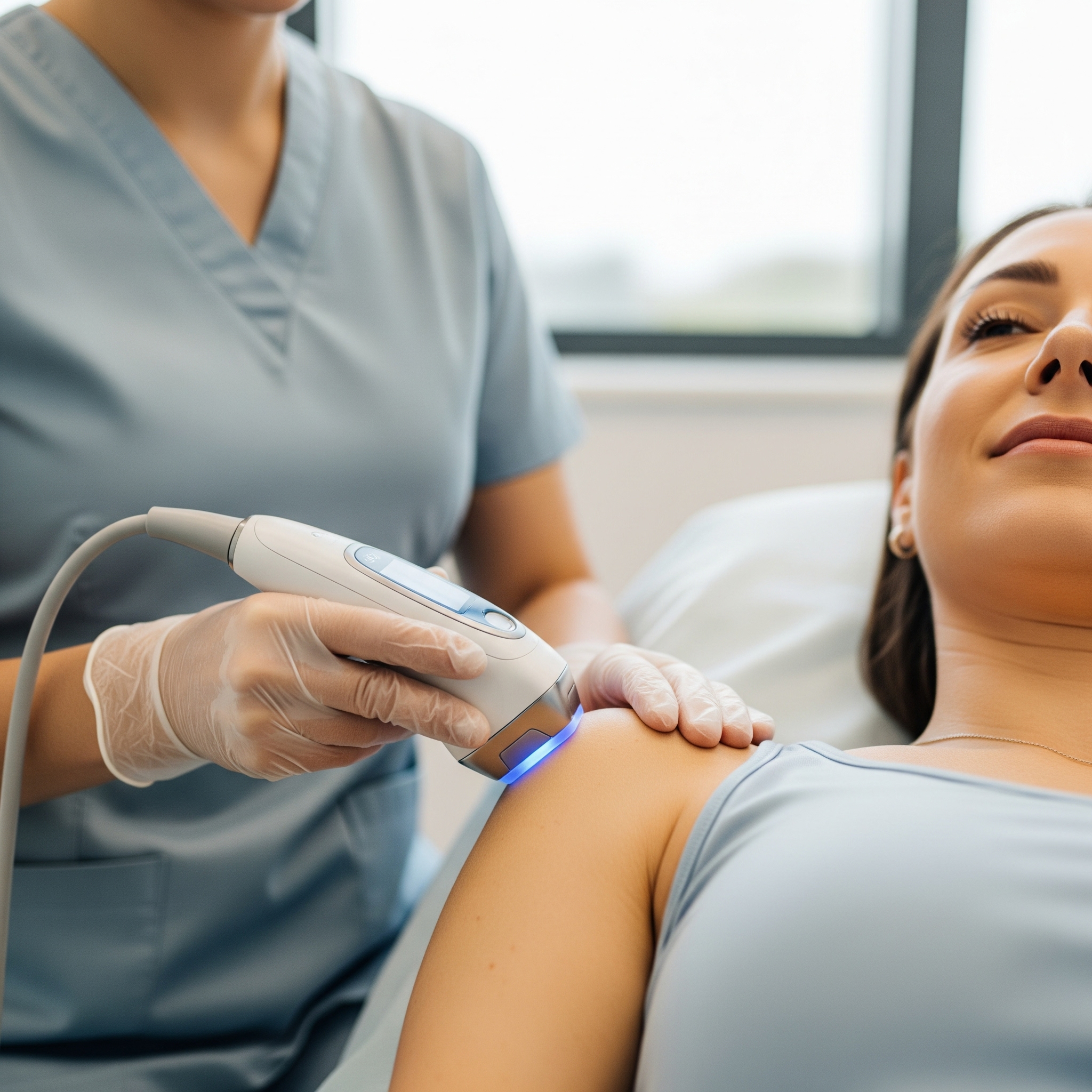A medical professional in blue scrubs and gloves uses a handheld device emitting blue light on a patient's shoulder in a clinical setting.