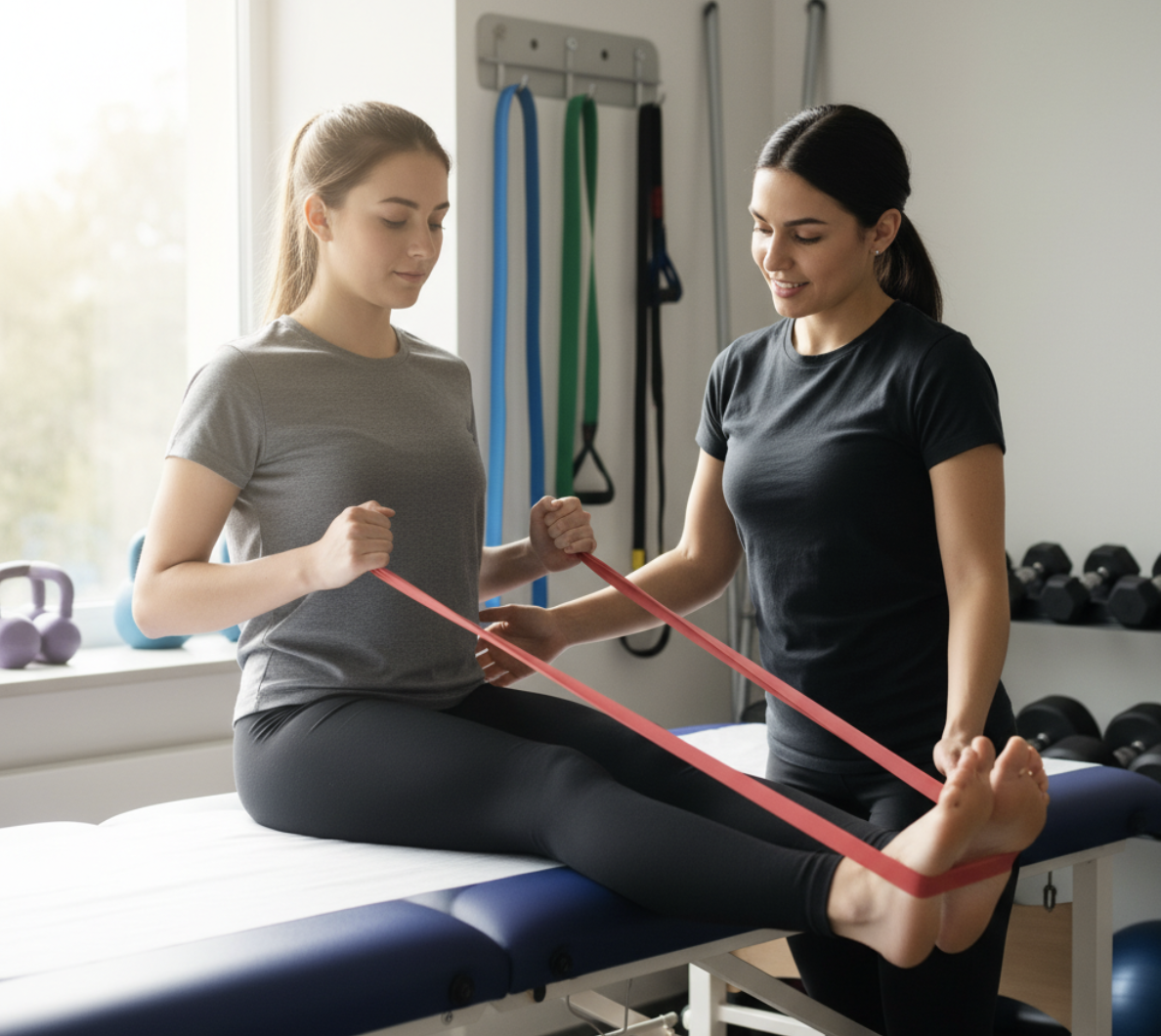 A woman is seated on a therapy table, using a red resistance band wrapped around her feet, while another woman, possibly a trainer or therapist, assists her. They are in a bright room with exercise equipment like dumbbells and resistance bands in the background.