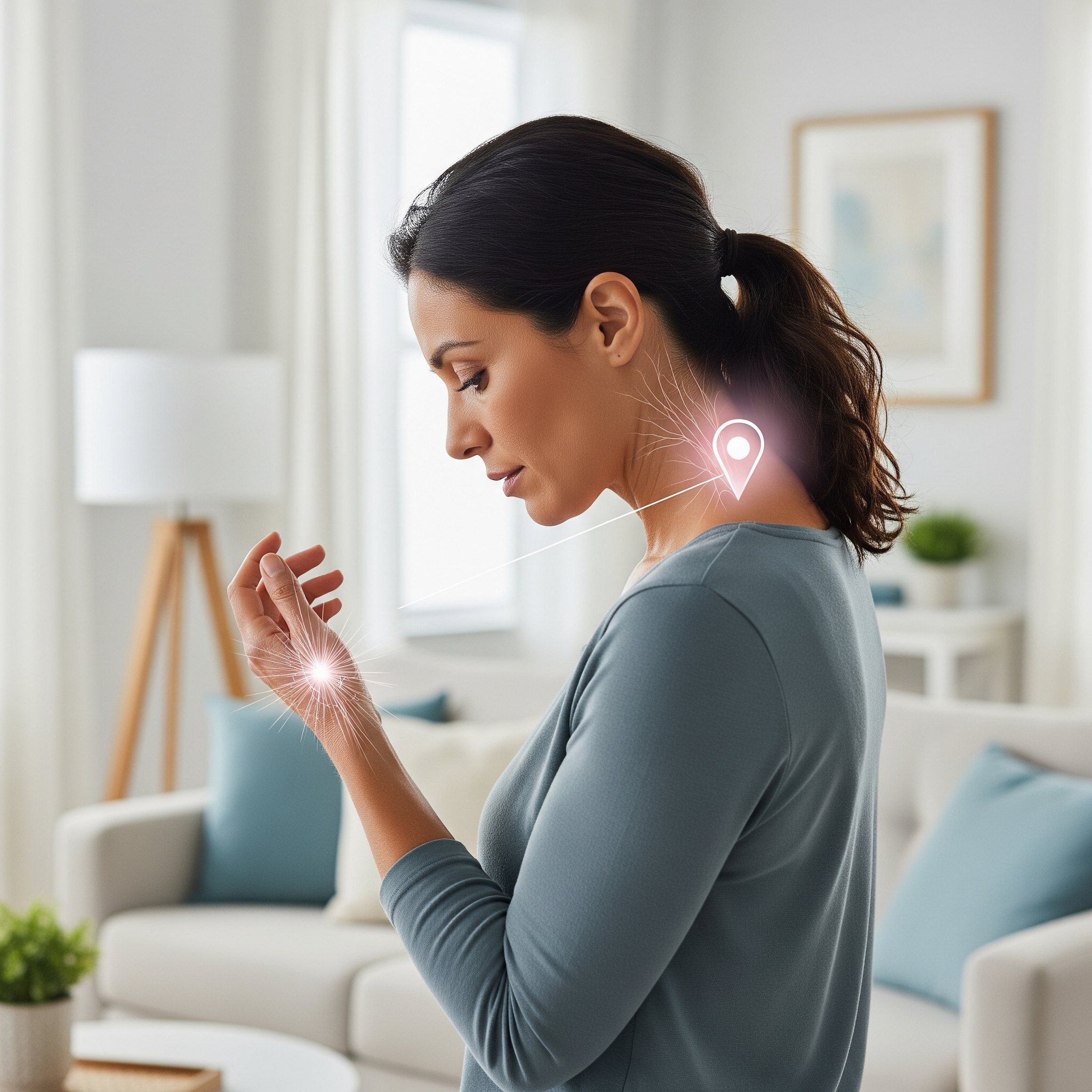 A woman in profile looks down at her hand, with a graphic overlay showing a glowing point on her neck connected by lines to a glowing area on her hand, illustrating the concept of radiating nerve pain or numbness.