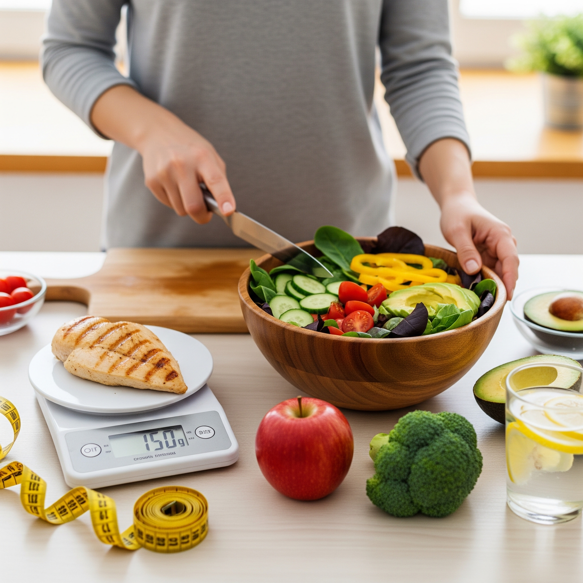 A person prepares a healthy meal on a kitchen counter, with a food scale measuring grilled chicken next to a coiled measuring tape and a large bowl of fresh salad.