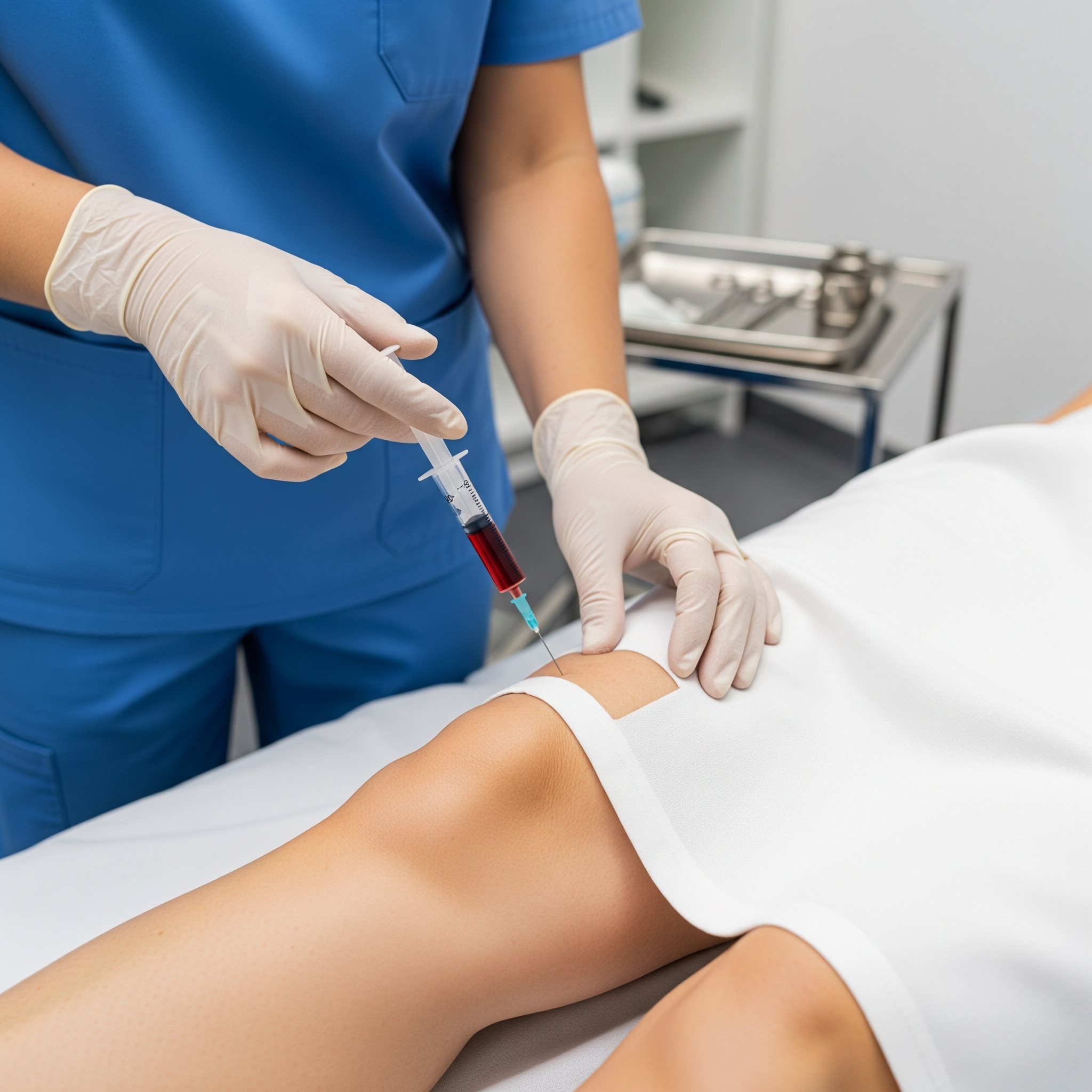 A close-up shot of a clinician in medical gloves injecting plasma into a patient's knee with a syringe in a clinical setting.