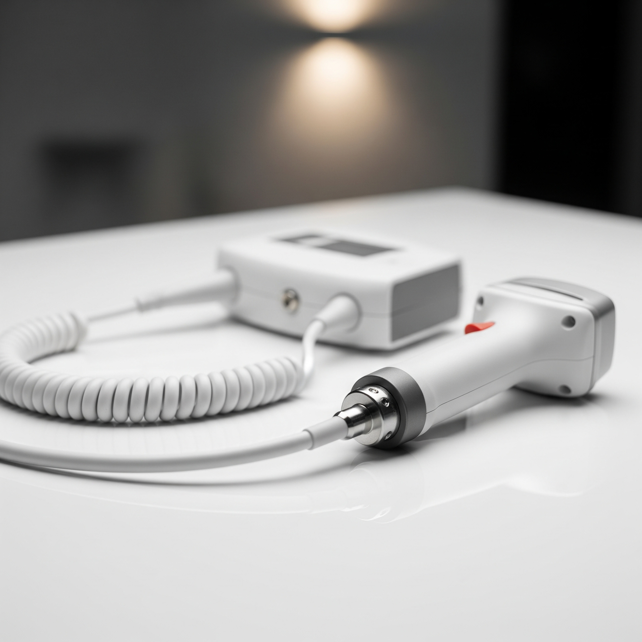  A modern, white shockwave therapy device, including the handheld applicator and its base unit, resting on a clean, reflective white surface.