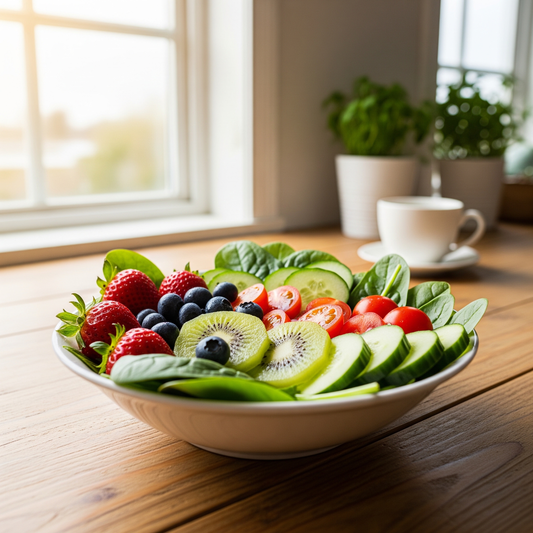  A white bowl filled with fresh spinach, strawberries, blueberries, sliced kiwi, and cherry tomatoes sits on a wooden table in a brightly lit kitchen.