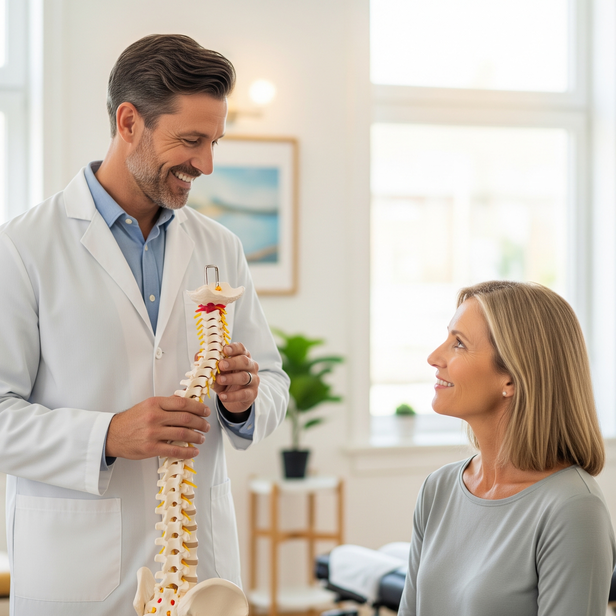 Patient receiving compassionate healthcare during a chiropractic visit. Both the doctor and the patient are smiling.