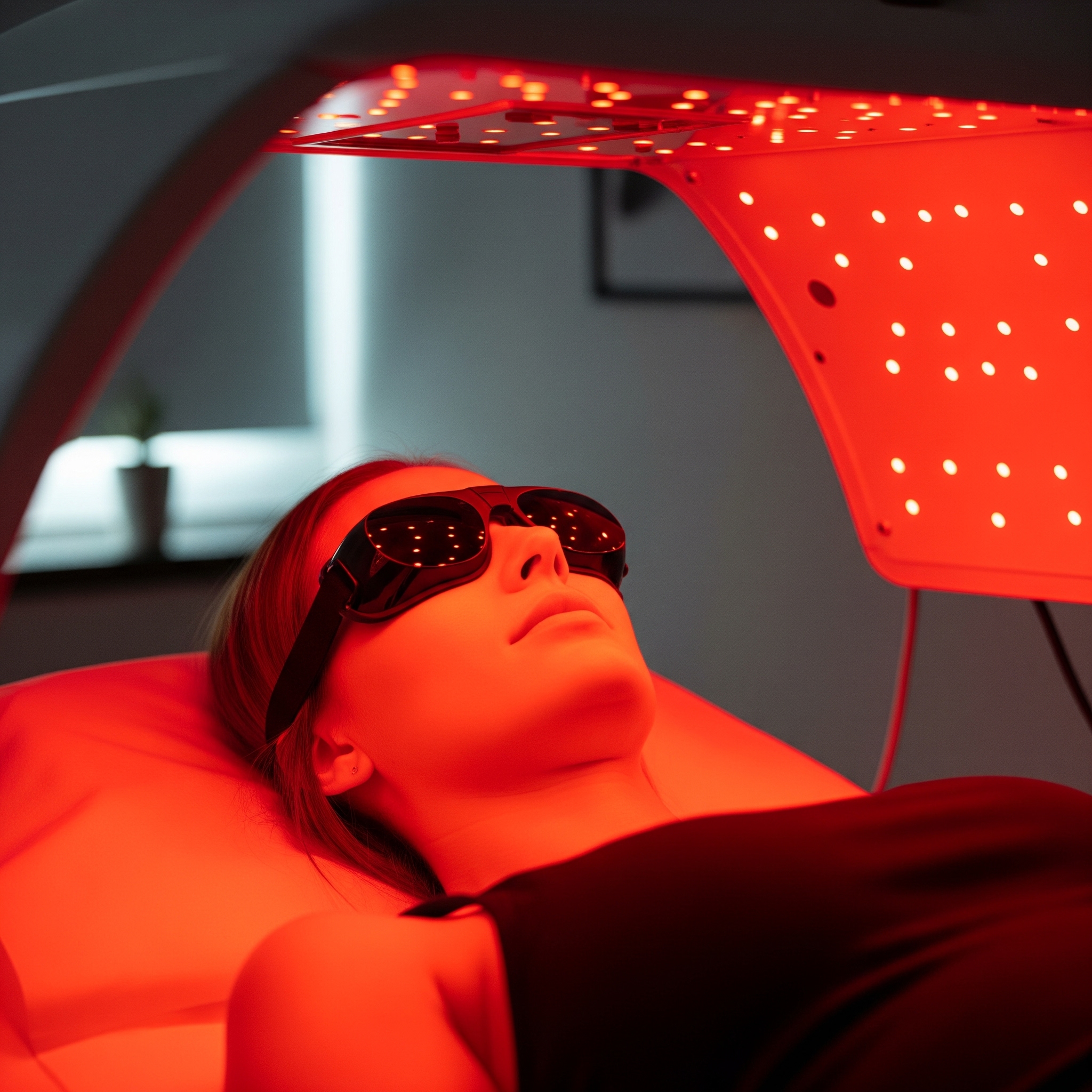 A person wearing black protective goggles lies down while receiving red light therapy from a large panel device positioned above them.