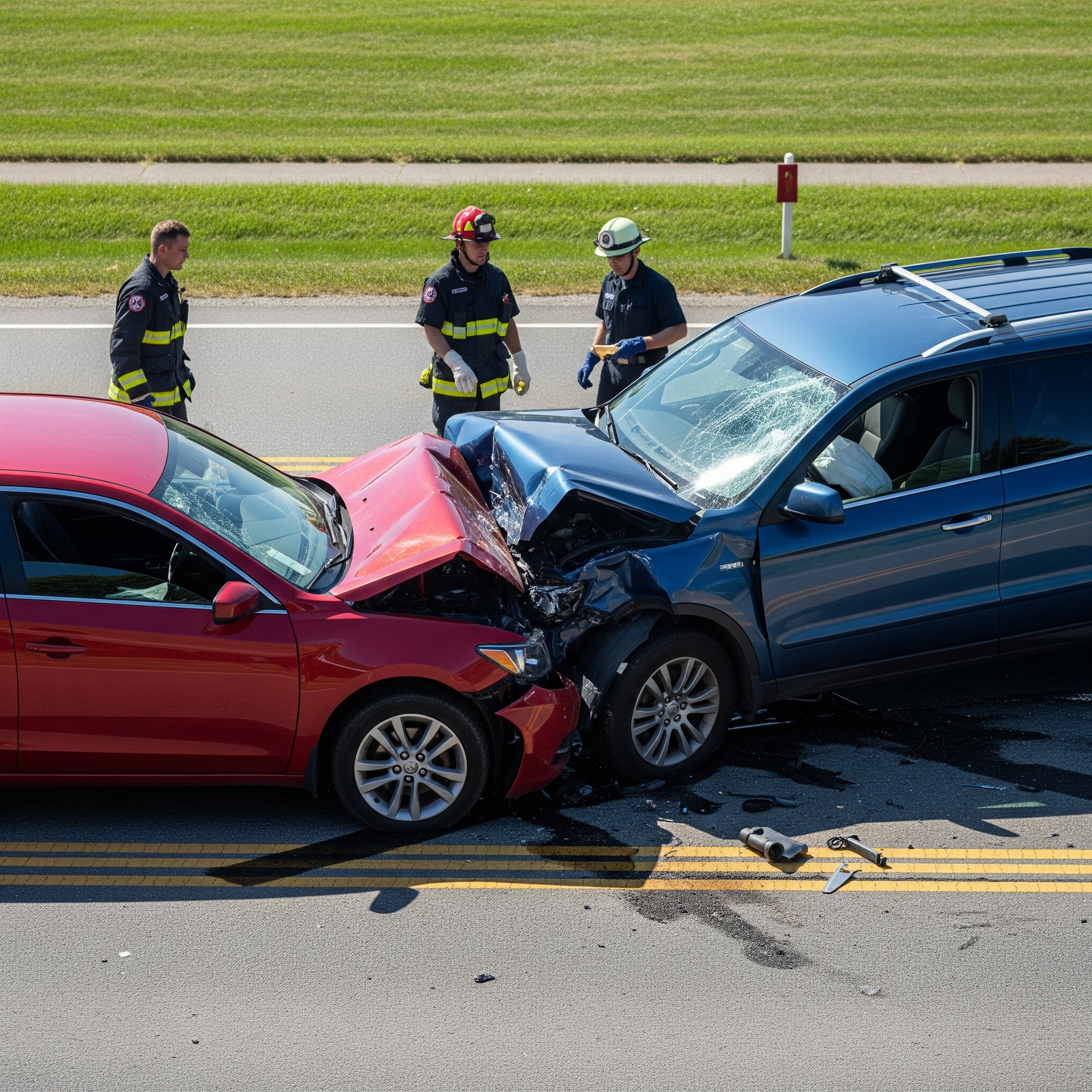 A head-on collision between a red car and a blue SUV on a road with emergency responders on the scene.