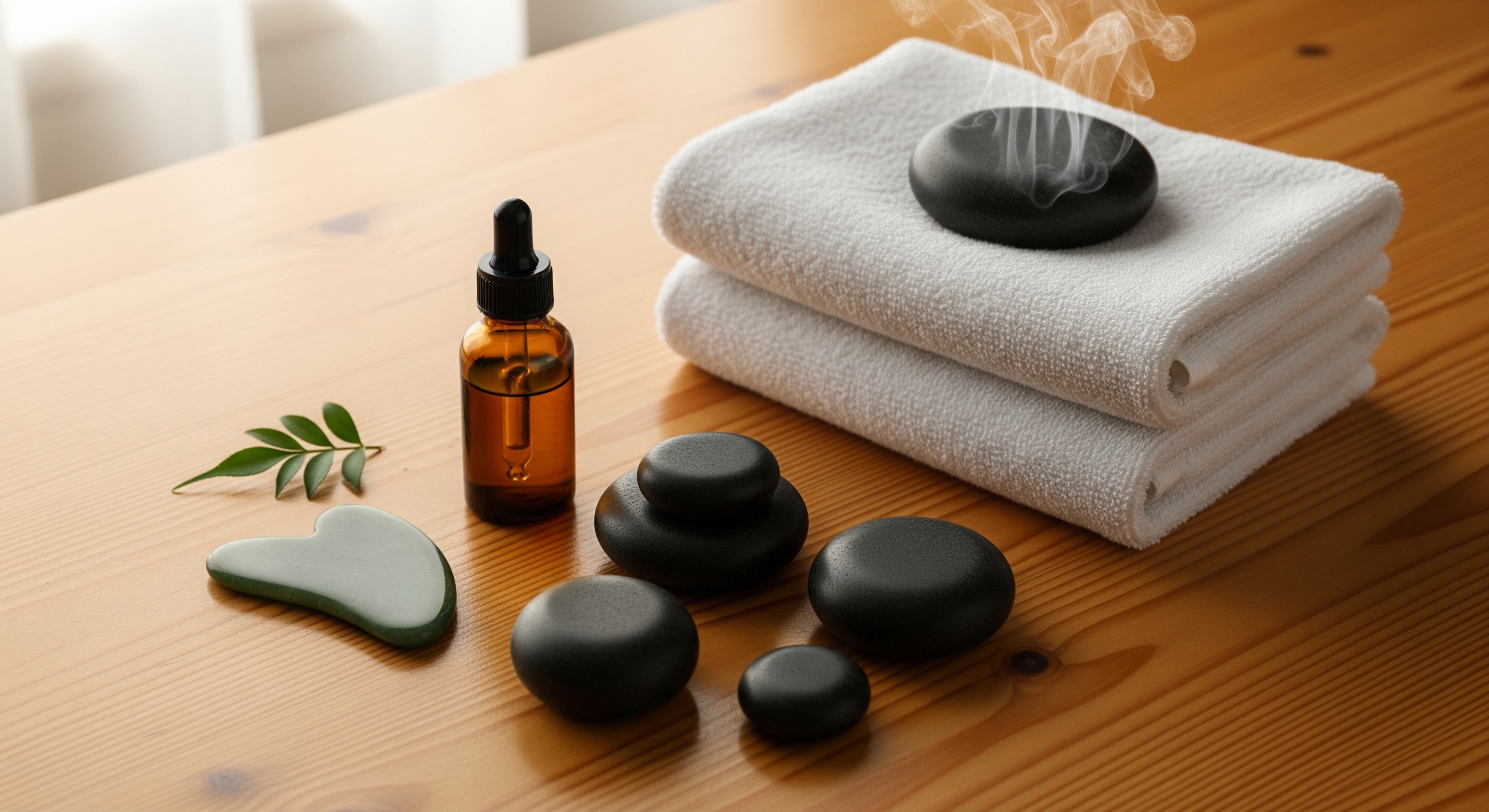 Enhance your wellness routine with hot stone massage therapy tools including smooth stones, aromatic oil, a soft towel, and a jade gua sha tool for relaxation and rejuvenation.