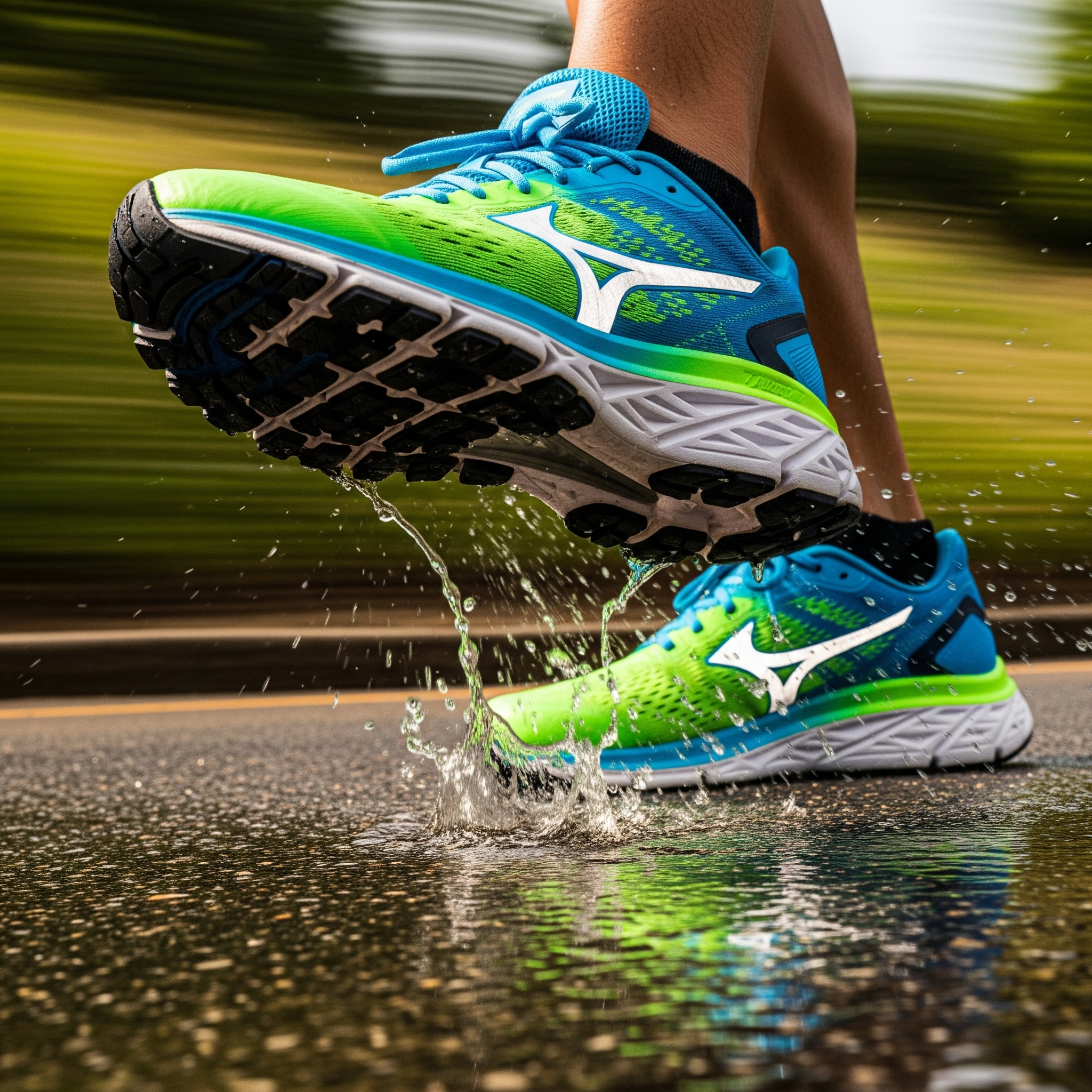 A runner splashes through a puddle wearing vibrant green and blue Mizuno running shoes.