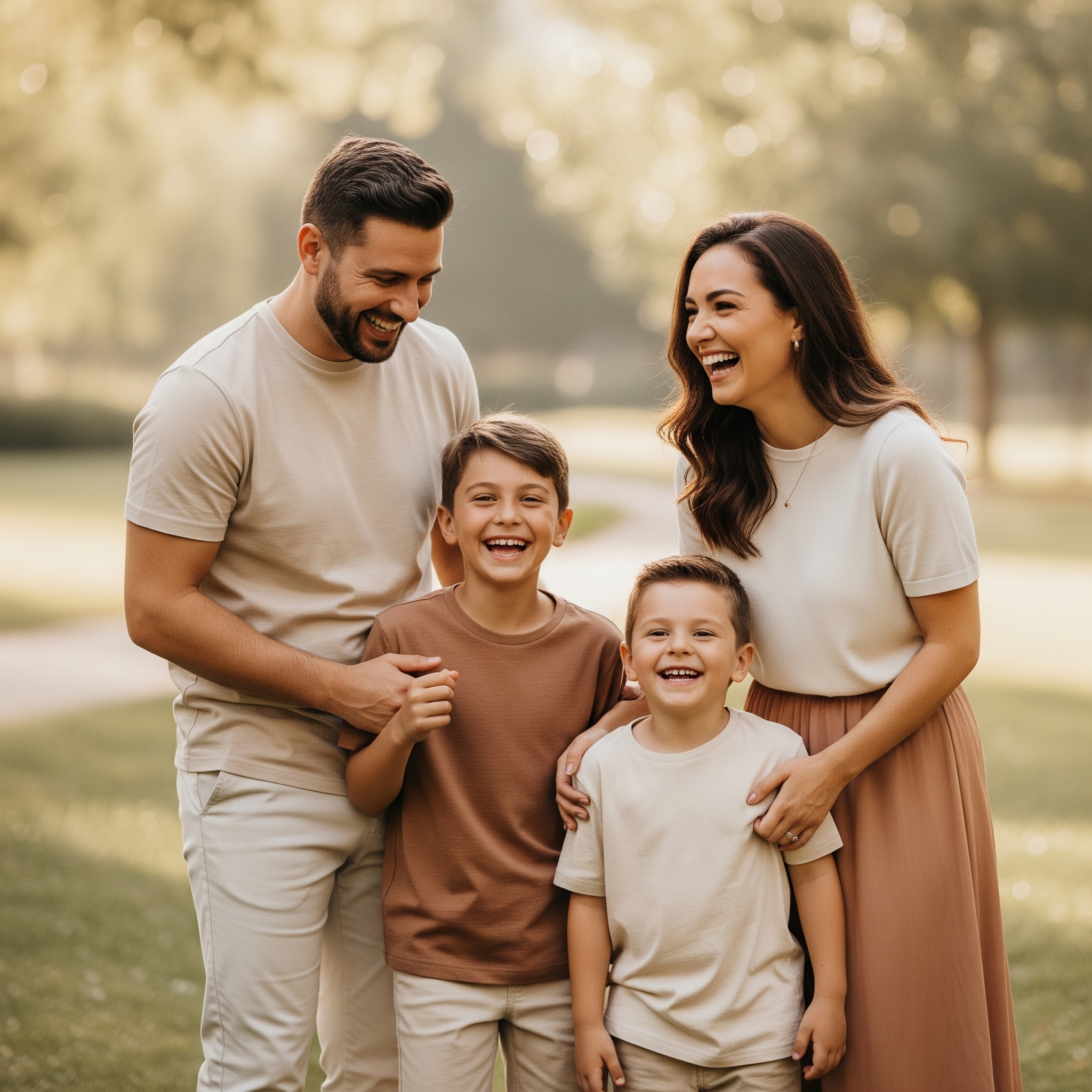 Happy family smiling together in a sunny park.