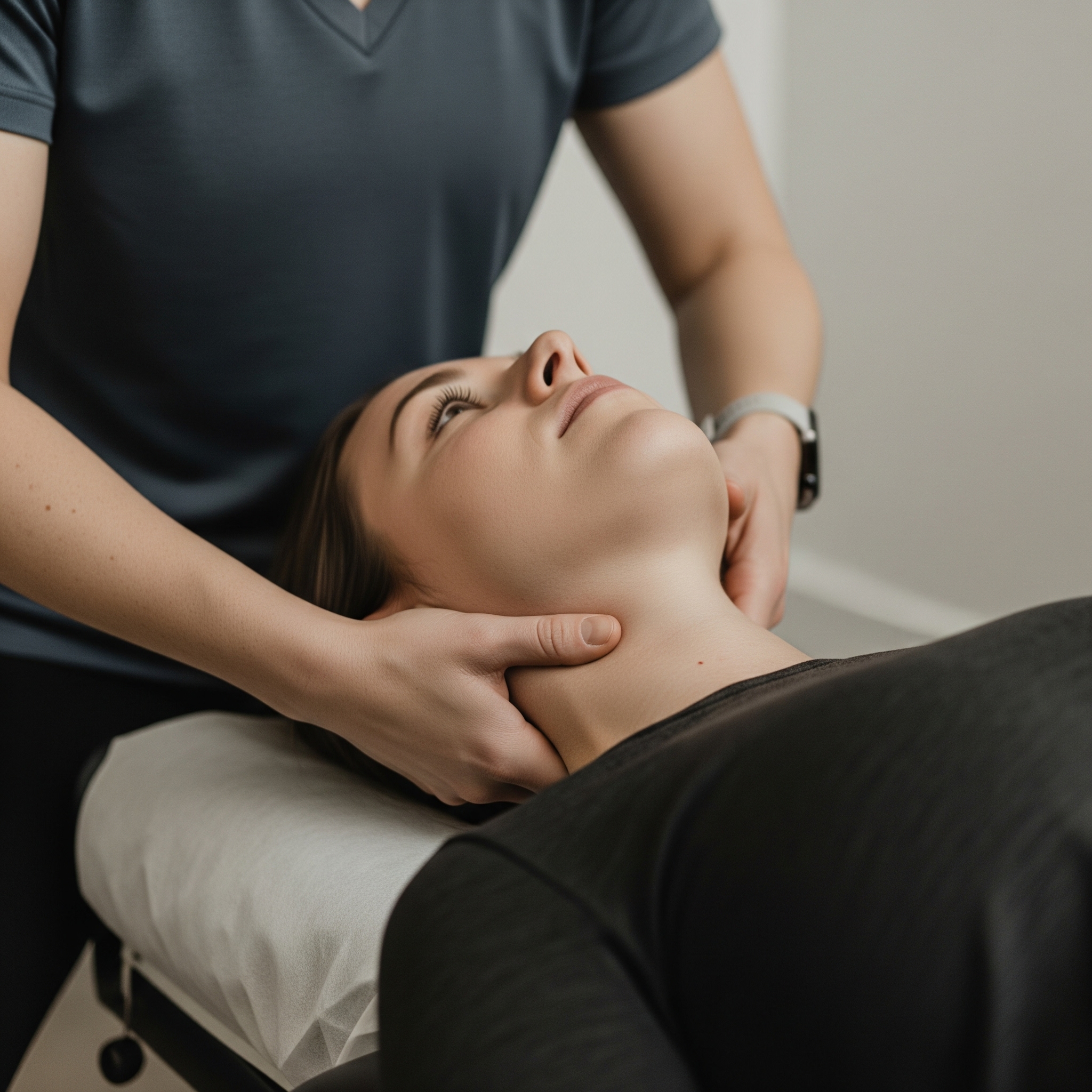 A chiropractor performs a gentle neck treatment on a relaxed patient in a clinical setting.