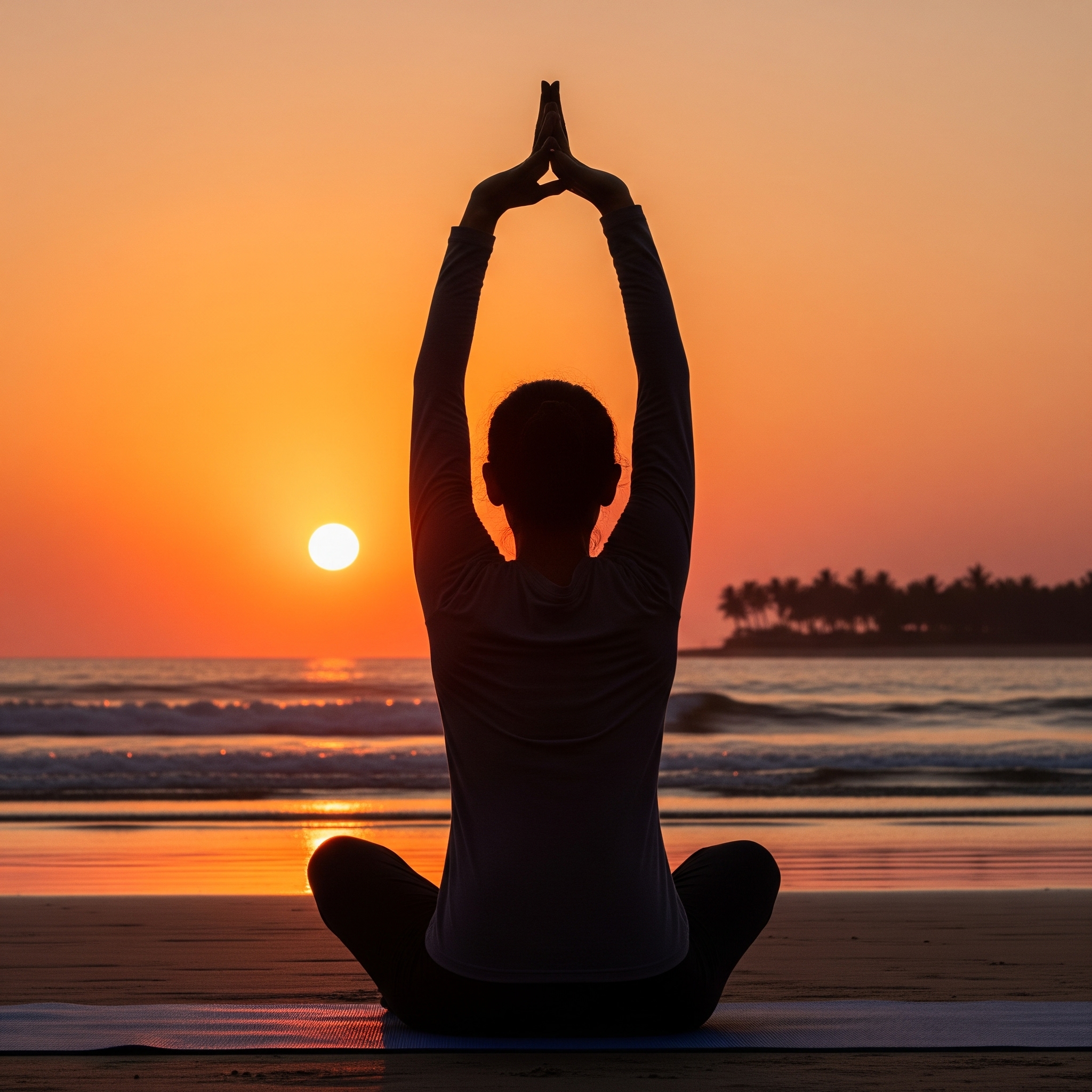 A person is silhouetted against a setting sun while sitting cross-legged on a mat on the beach. Their back is to the camera and their arms are stretched overhead in a yoga pose. The orange sun hangs low over the ocean, and palm trees are visible in the distance.