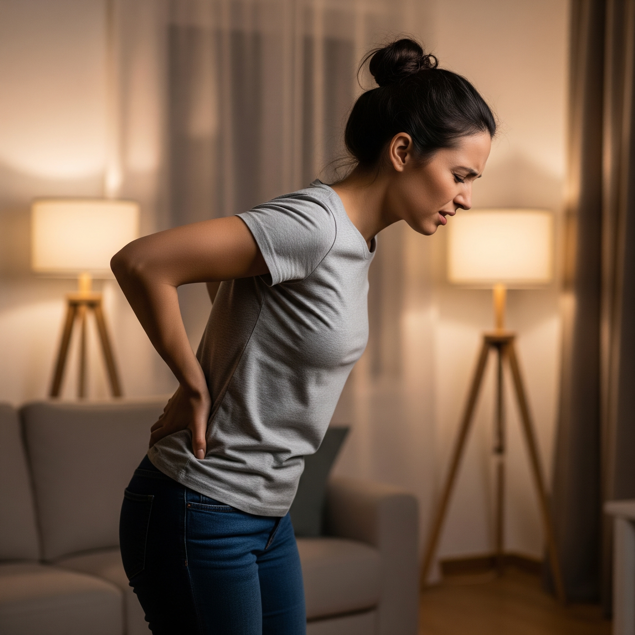 A woman is holding her lower back in pain while standing in a cozy living room environment.