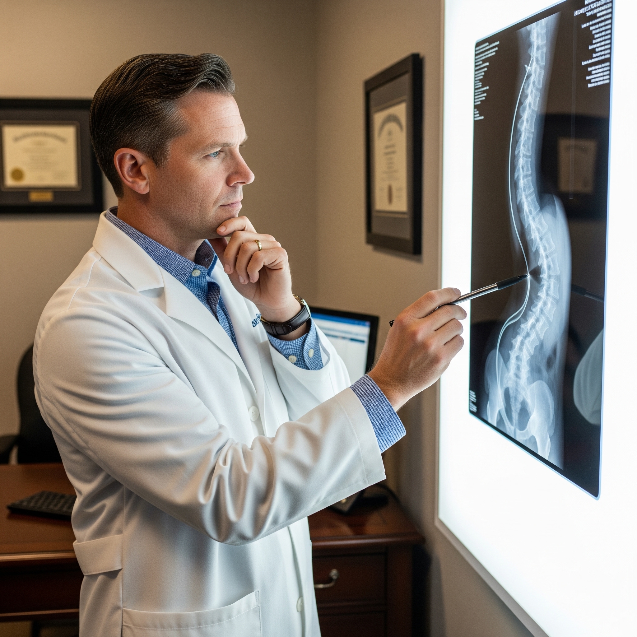 A doctor in a white coat examines an X-ray of a spine in a medical office setting.