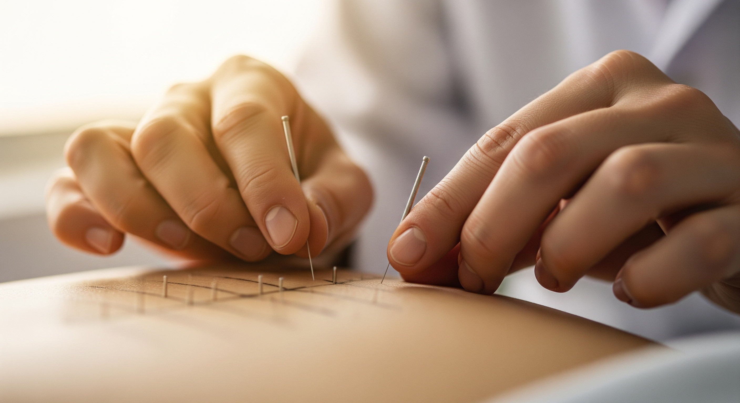 A close-up shot of a clinician's hands carefully placing thin acupuncture needles into a patient's skin, with several other needles already arranged in a row.