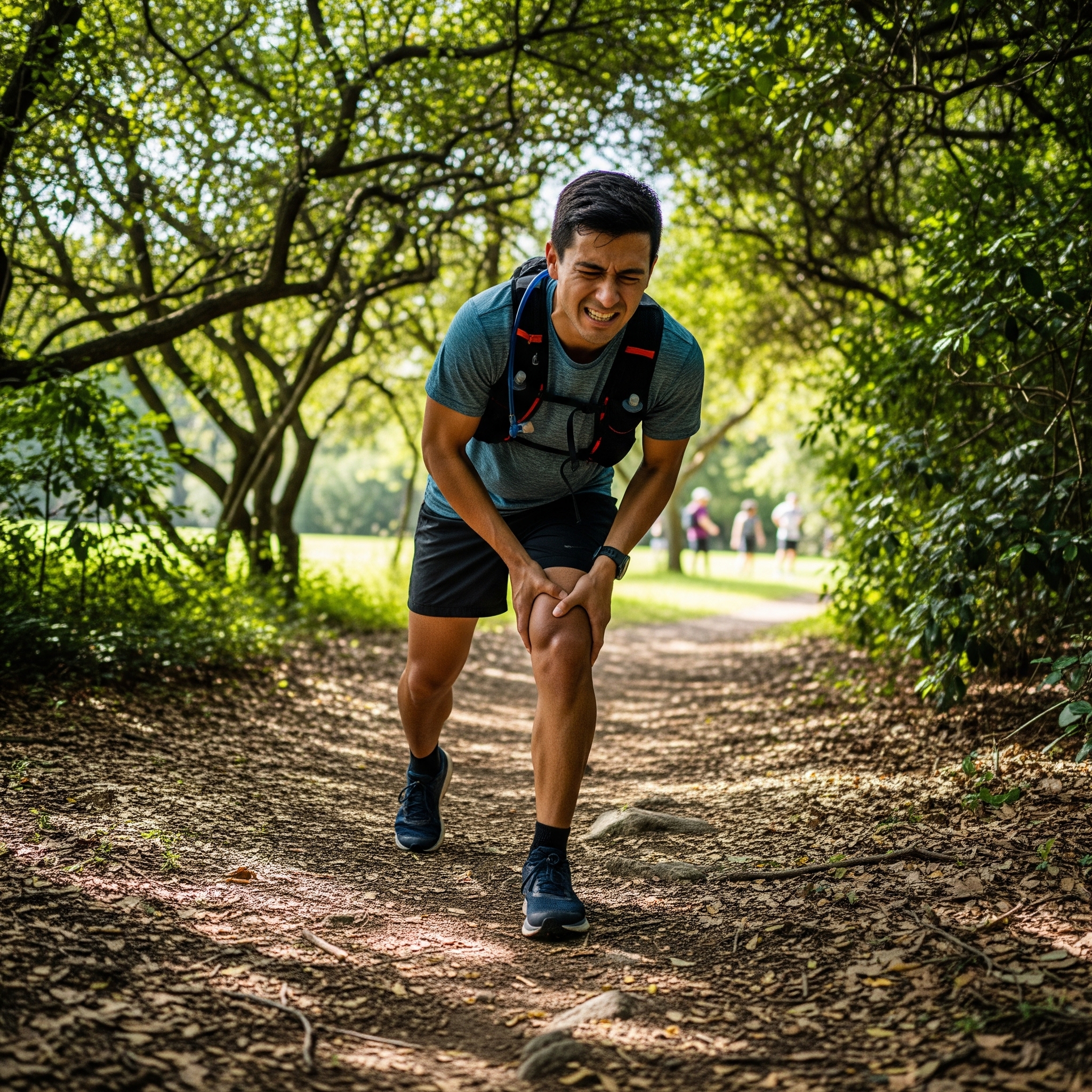 A runner in a forest is bending over in pain while holding his knee, indicating a potential injury during a trail run.