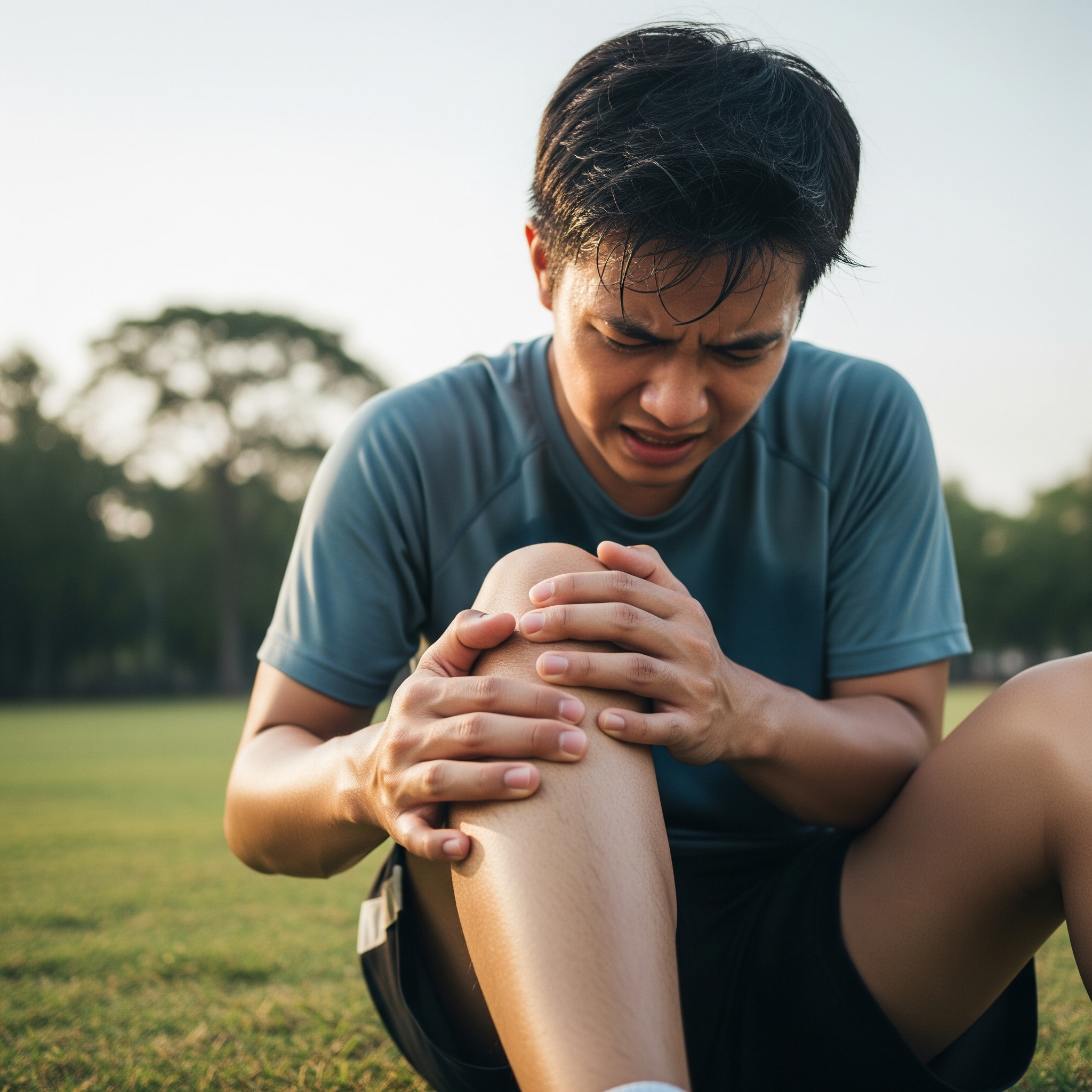 A man in outdoor sportswear is sitting on the grass, holding his knee and expressing pain.