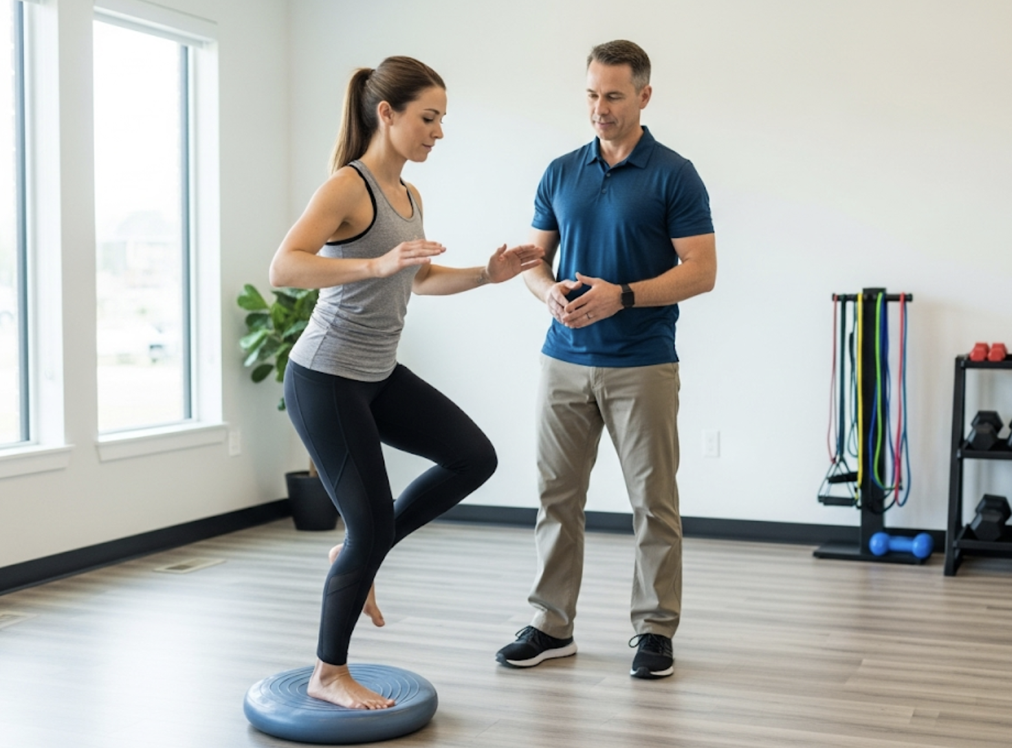 A woman balances on one foot on a stability disc while a man observes her in a bright, modern gym. She wears a gray tank top and black leggings, and he is dressed in a blue polo and khaki pants. Exercise equipment, like resistance bands and weights, is visible in the background.