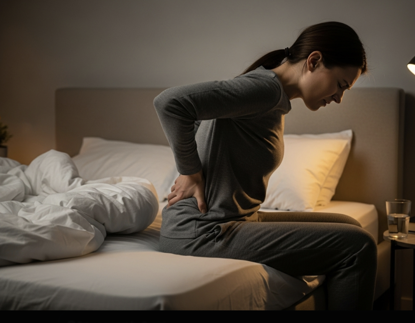 A woman in gray pajamas sits on the edge of a bed, grimacing in pain as she holds her lower back. The room is softly lit, with rumpled white bedding and a glass of water on a nearby nightstand.