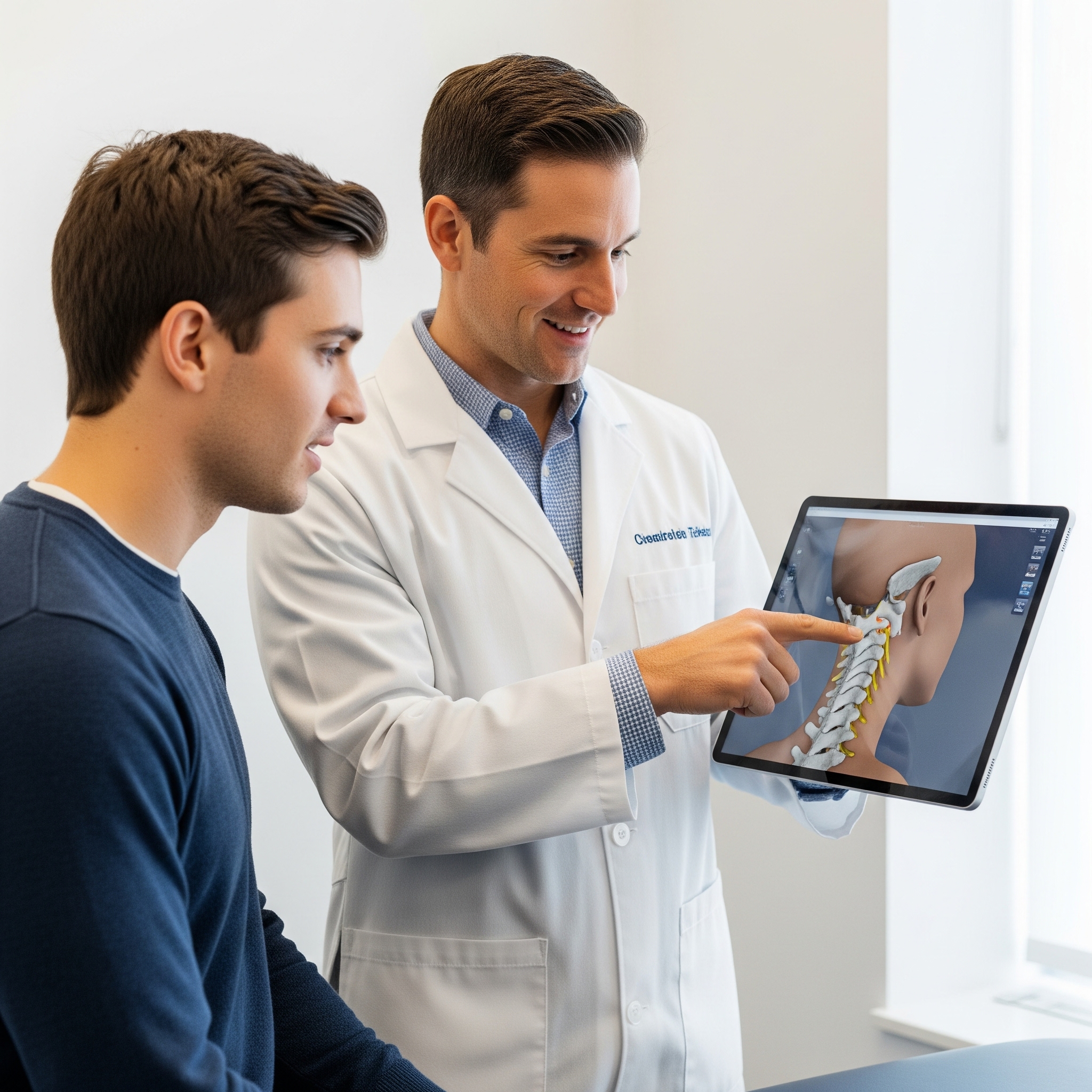 A friendly male chiropractor in a white coat explains a neck condition to a male patient, pointing to a 3D anatomical model of the cervical spine displayed on a tablet during a consultation.