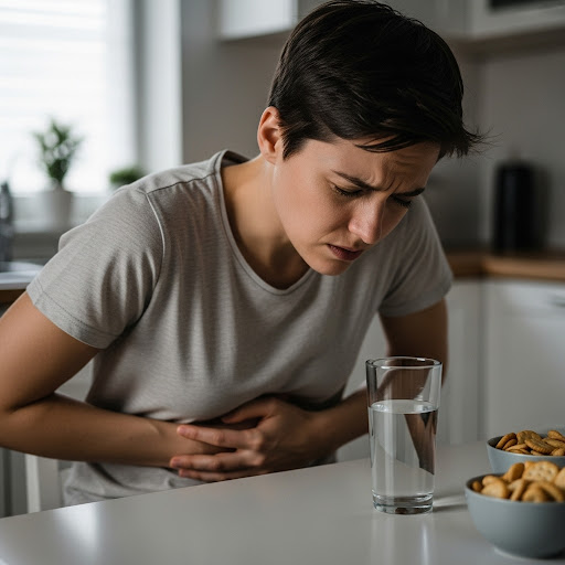 A person sits at a table with a pained expression, clutching their stomach with both hands.