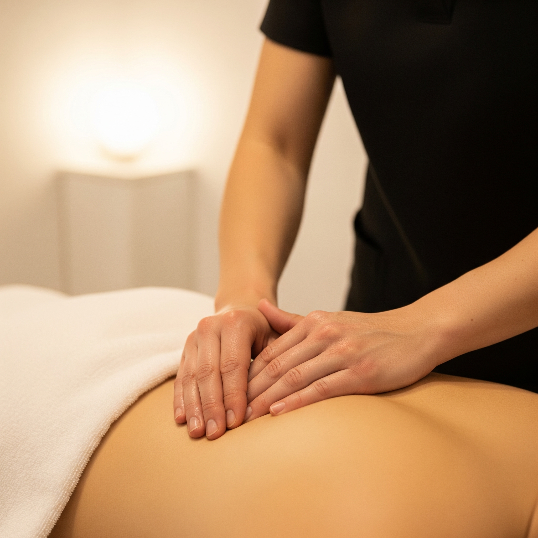 Close-up of a therapist's hands performing a massage on a patient's back.
