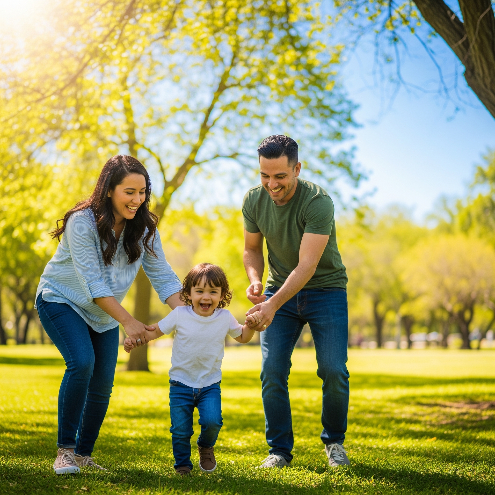 Parents playing in a park with their child