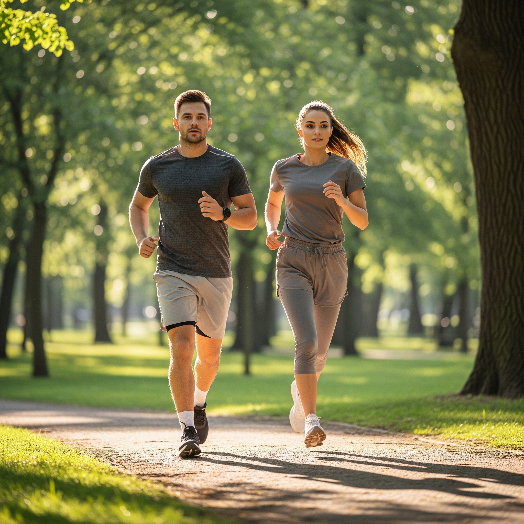 Two people are jogging down a trail.