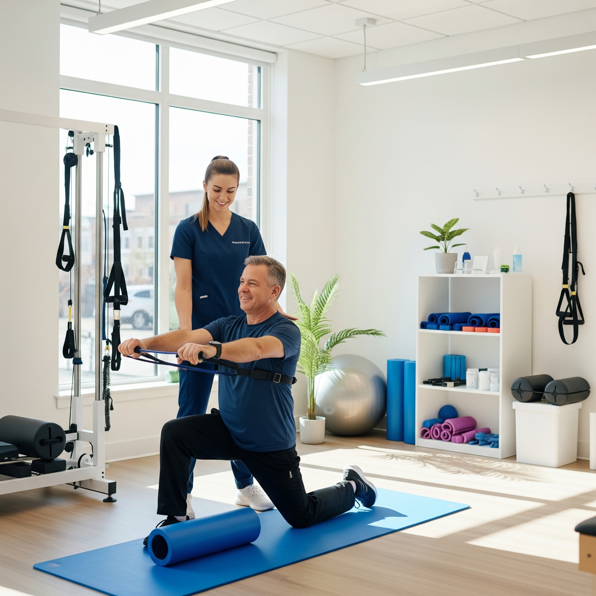 A chiropractor assists a patient with mobility exercises in a modern, well-lit clinic.