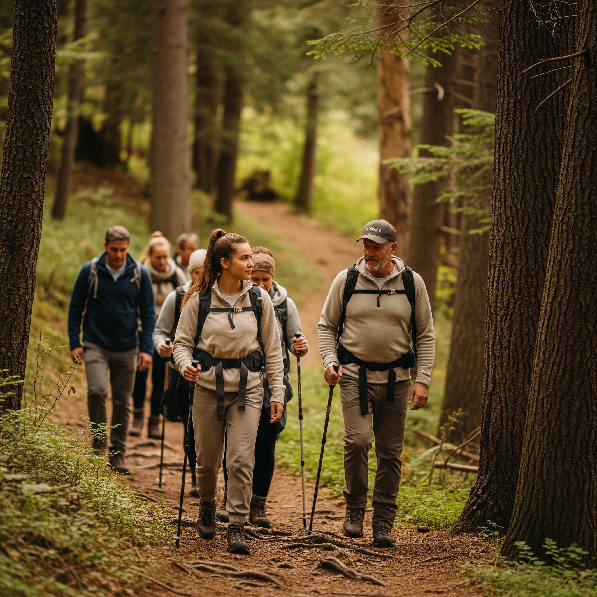 A group of people hiking in the woods together
