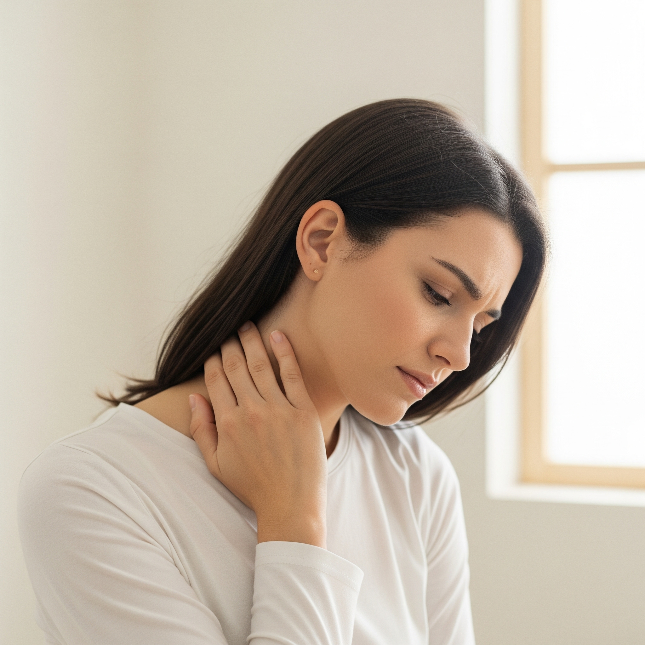 A woman holding her neck, who may be struggling with neck pain