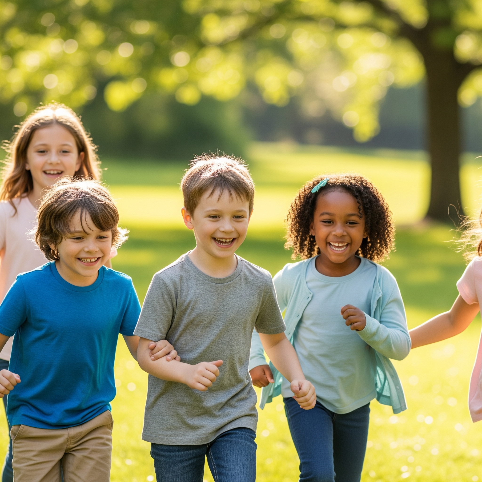 Kids running and laughing in a park