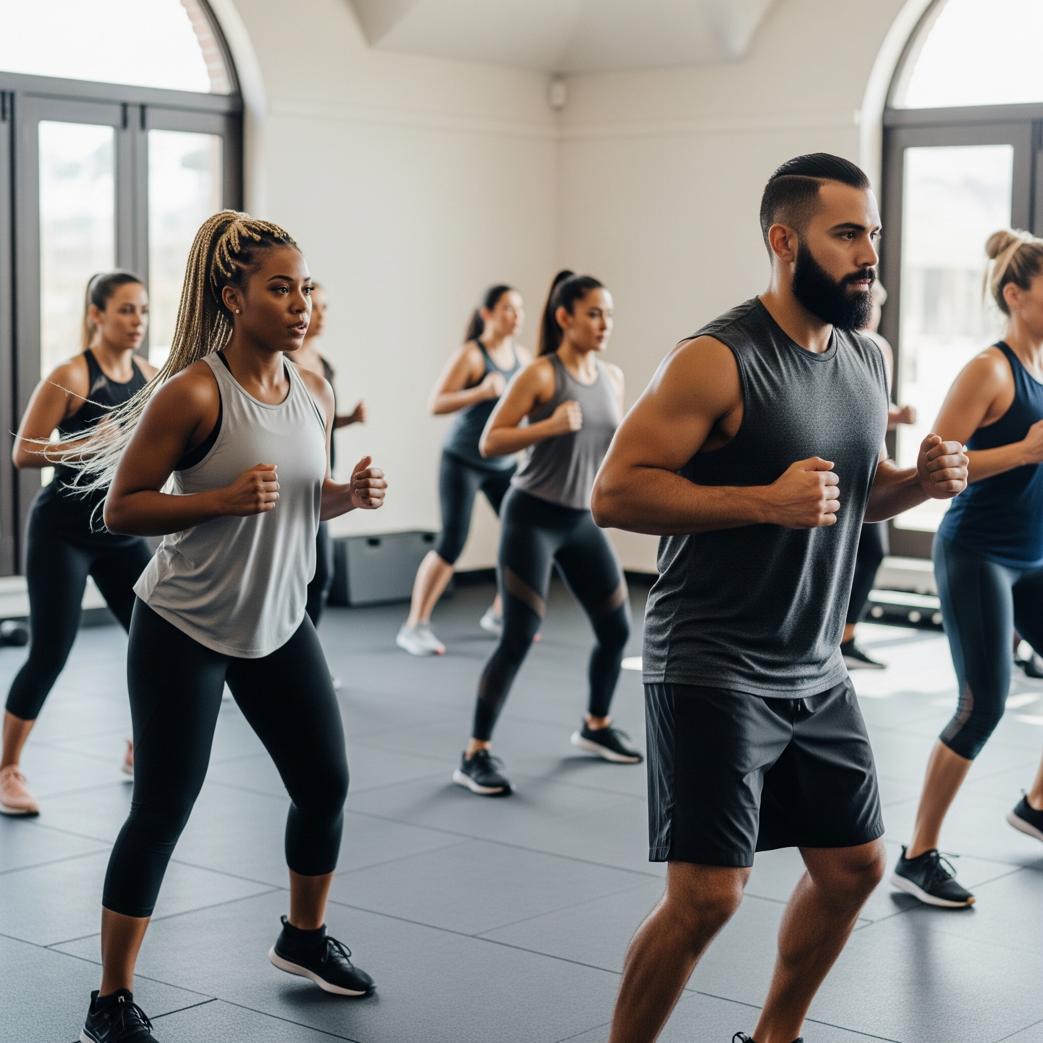 a diverse group of people working out in a gym setting